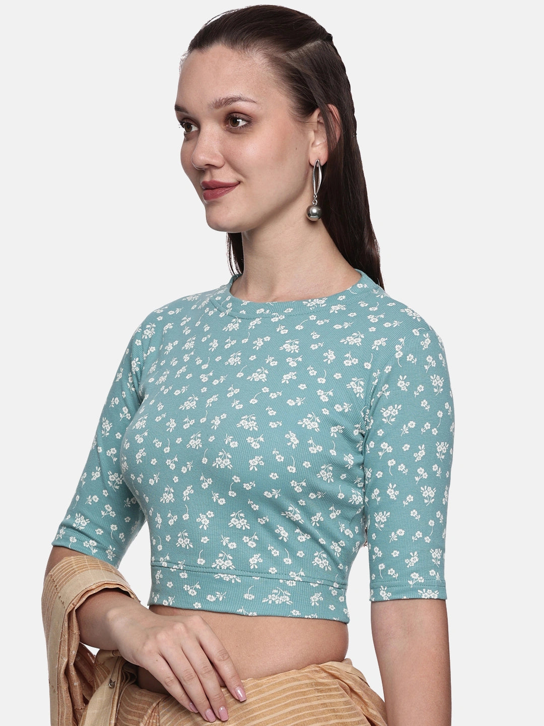 Women Allover Printed Stretchable Elbow Sleeve RIB Blouse UA019 - notyetbyus