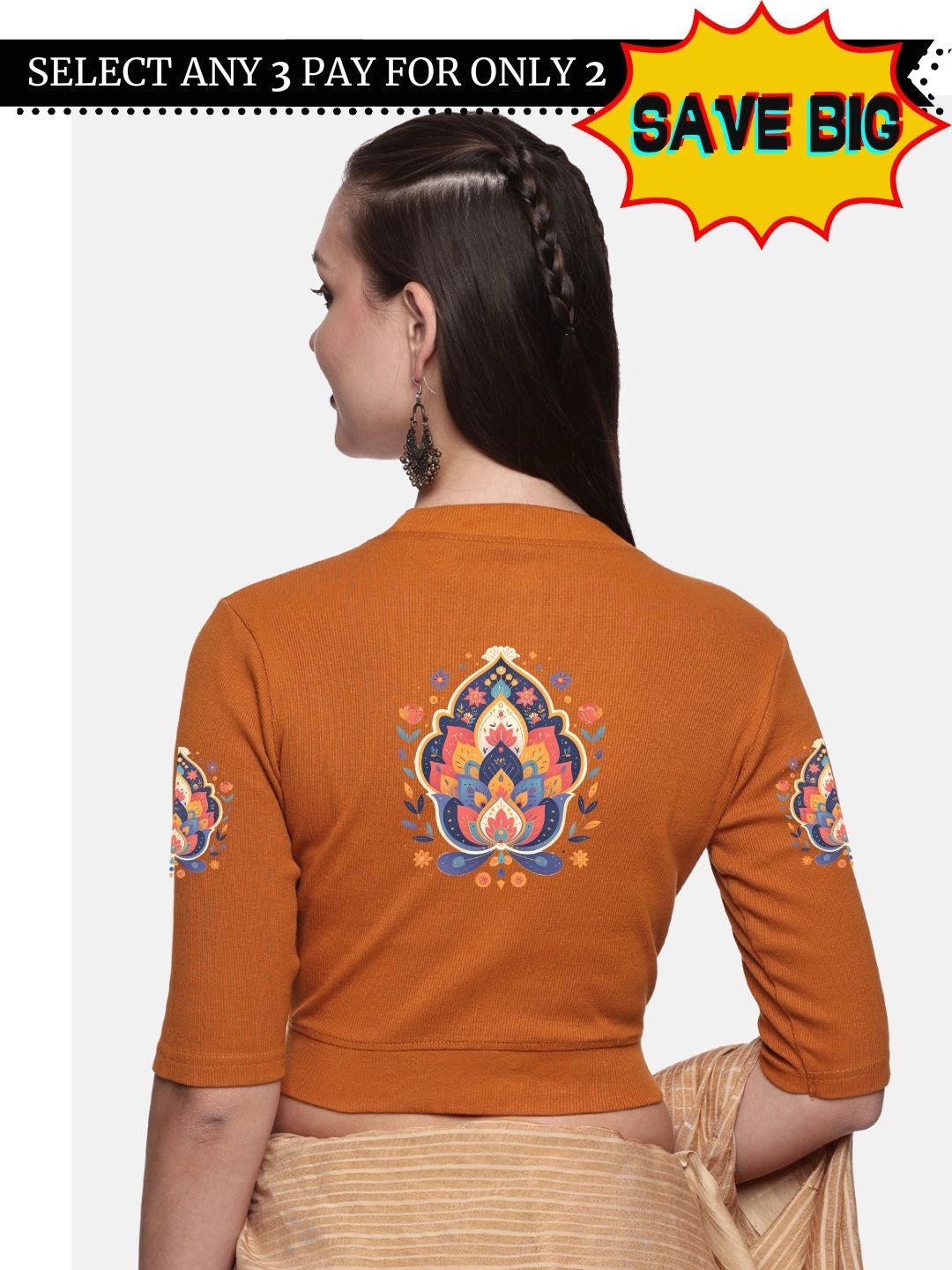 Women Back Printed Stretchable Elbow Sleeve RIB Blouse U0157 - notyetbyus
