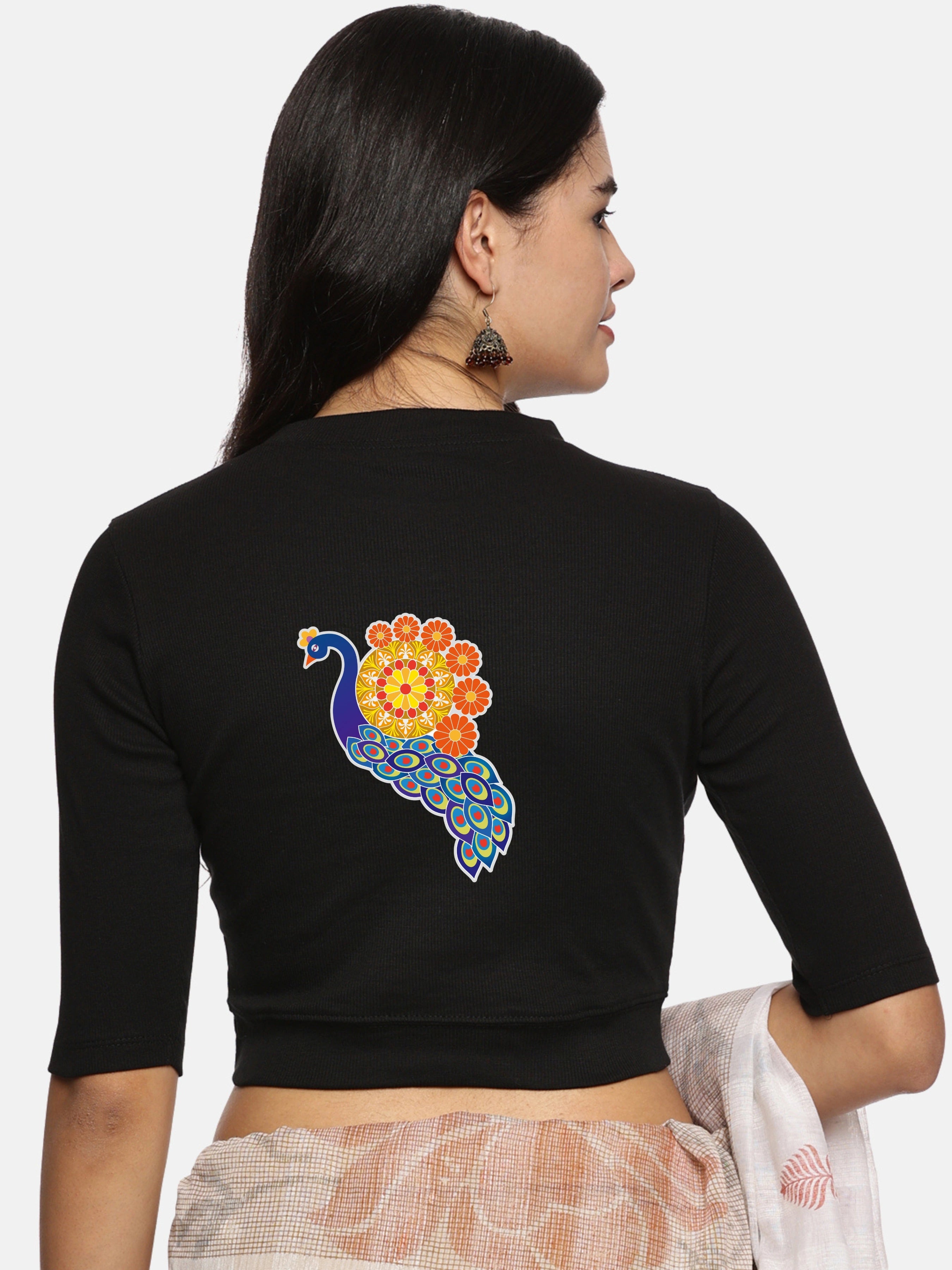 Women Back Printed Stretchable Elbow Sleeve RIB Blouse U0146 - notyetbyus