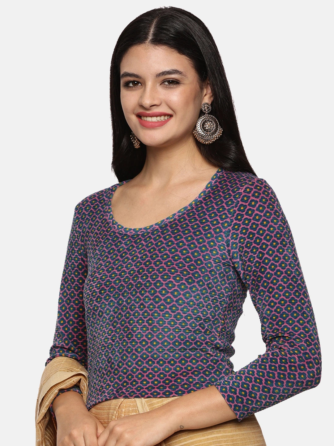 Women Allover Printed Three Fourth Sleeve Velvet Stretchable Blouse UA014 - notyetbyus