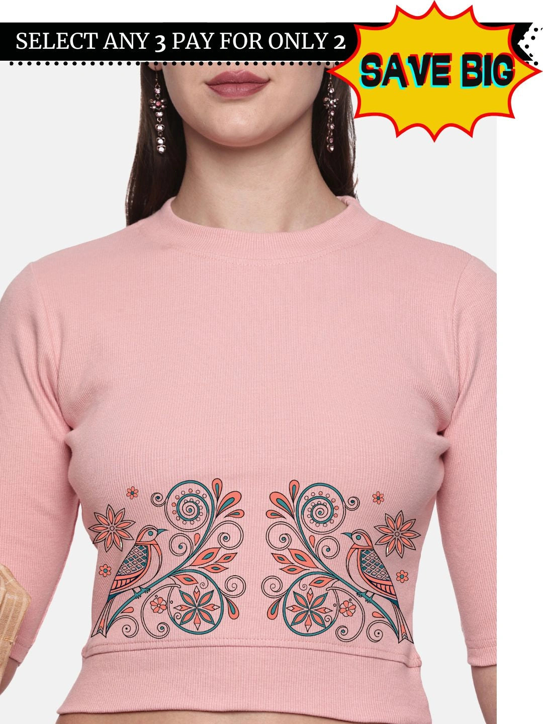 Women Back Printed Stretchable Elbow Sleeve RIB Blouse U0156 - notyetbyus