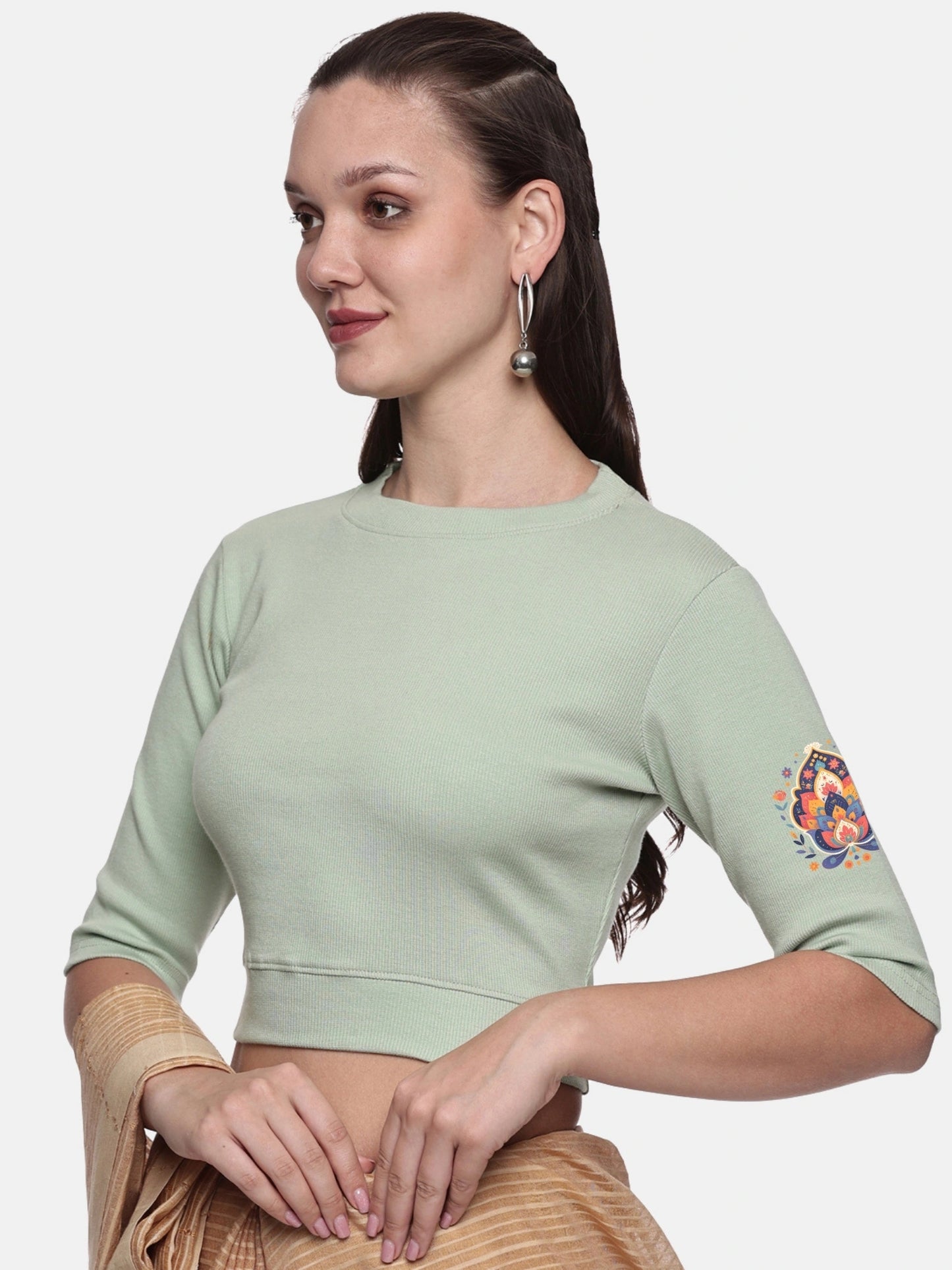 Women Back Printed Stretchable Elbow Sleeve RIB Blouse U0157 Sage Green