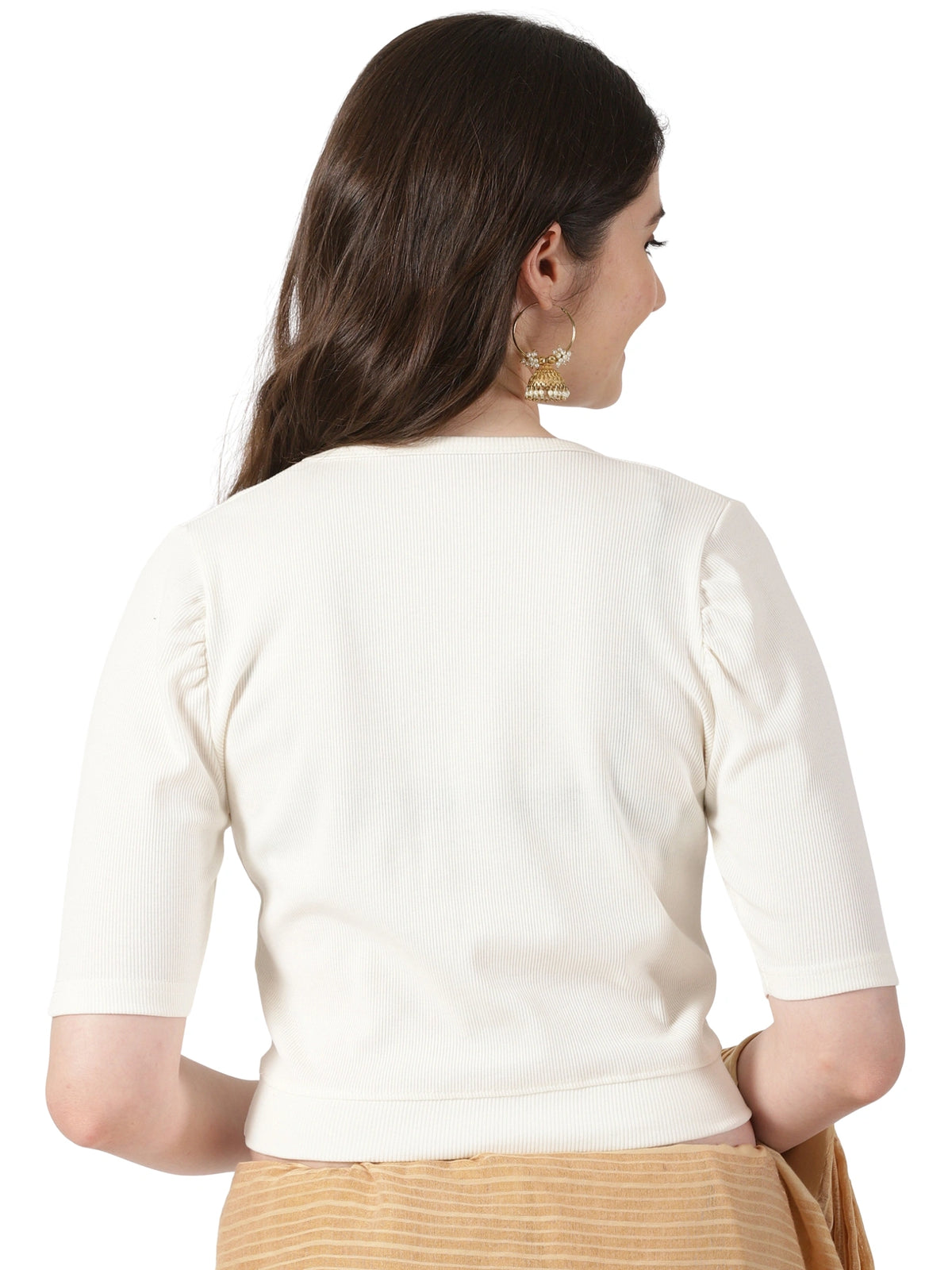 Women Plain Stretchable Rib Square Neck Puff Sleeve Blouse U0251 Cream