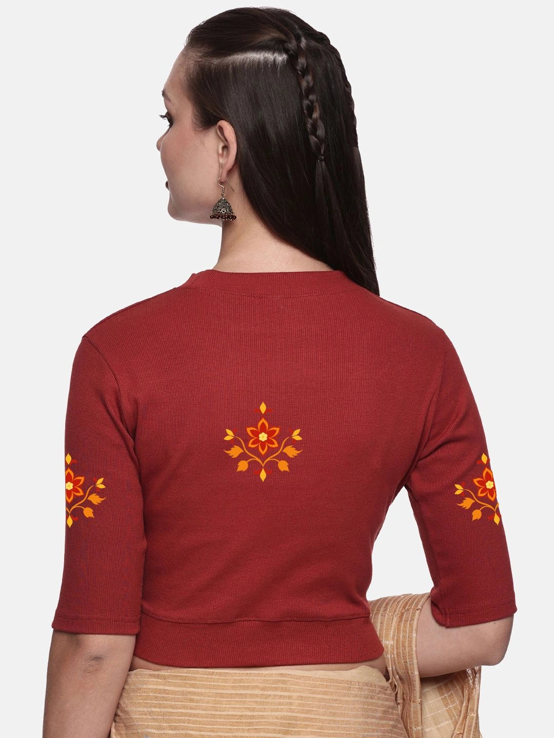 Women Back Printed Stretchable Elbow Sleeve RIB Blouse U0158 - notyetbyus
