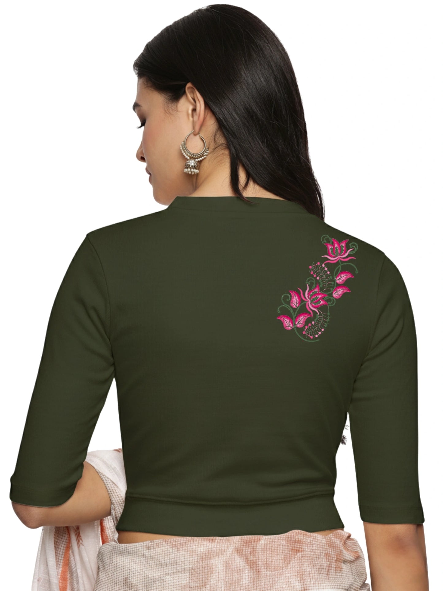 Women Back Printed Stretchable Elbow Sleeve RIB Blouse U0117 Olive Green