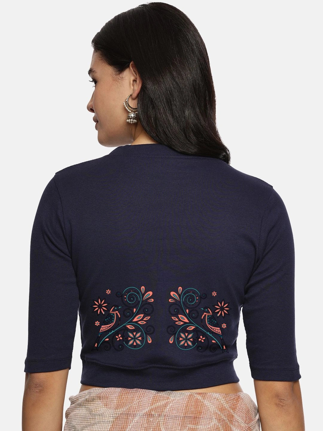 Women Back Printed Stretchable Elbow Sleeve RIB Blouse U0156 - notyetbyus