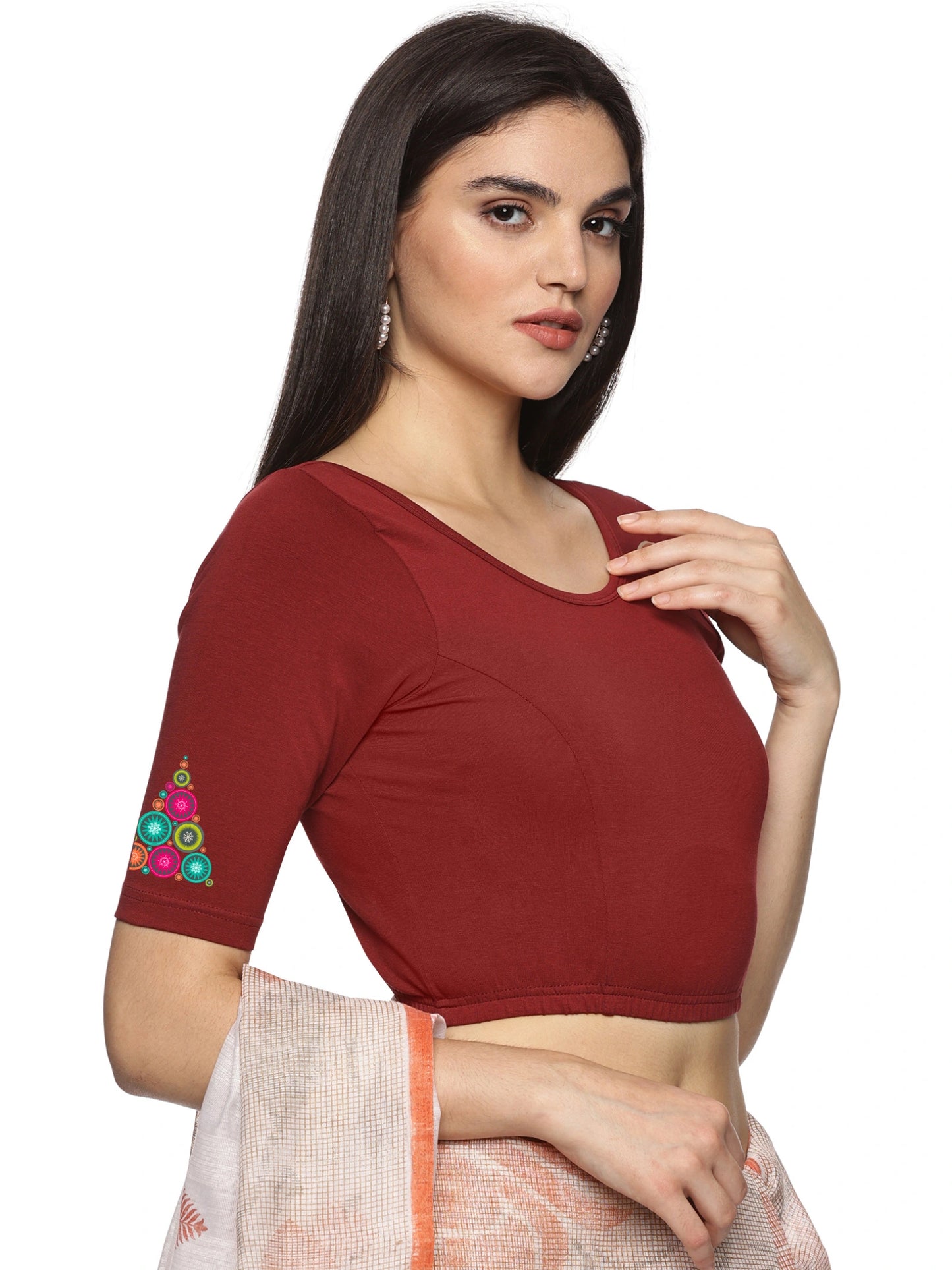Women Back Printed Stretchable Half Sleeve Blouse U0173 Maroon