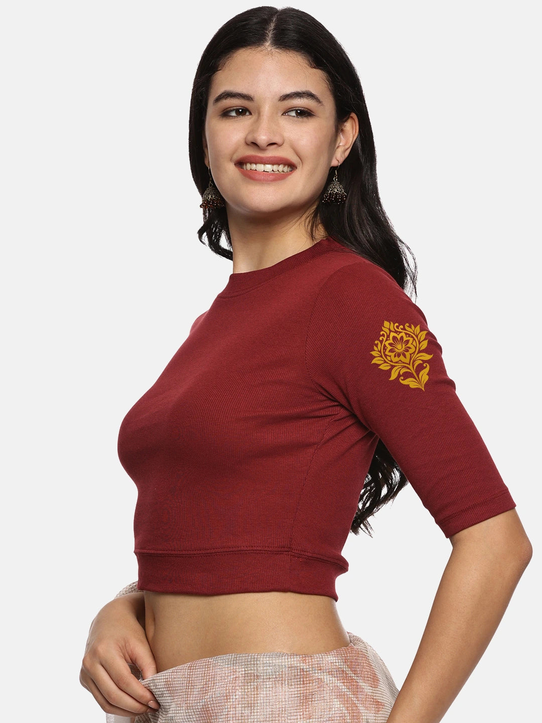 Women Back Printed Stretchable Elbow Sleeve RIB Blouse U0116 - notyetbyus