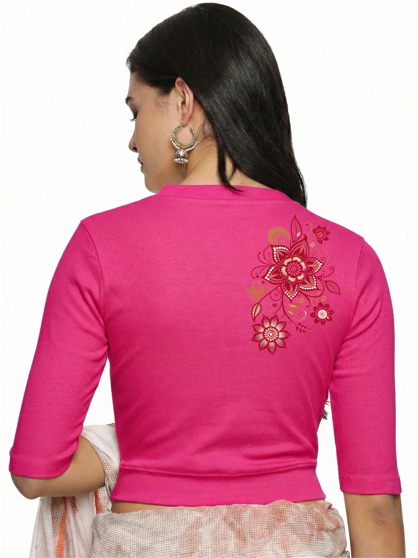 Women Back Printed Stretchable Elbow Sleeve RIB Blouse U0122 Rani Pink