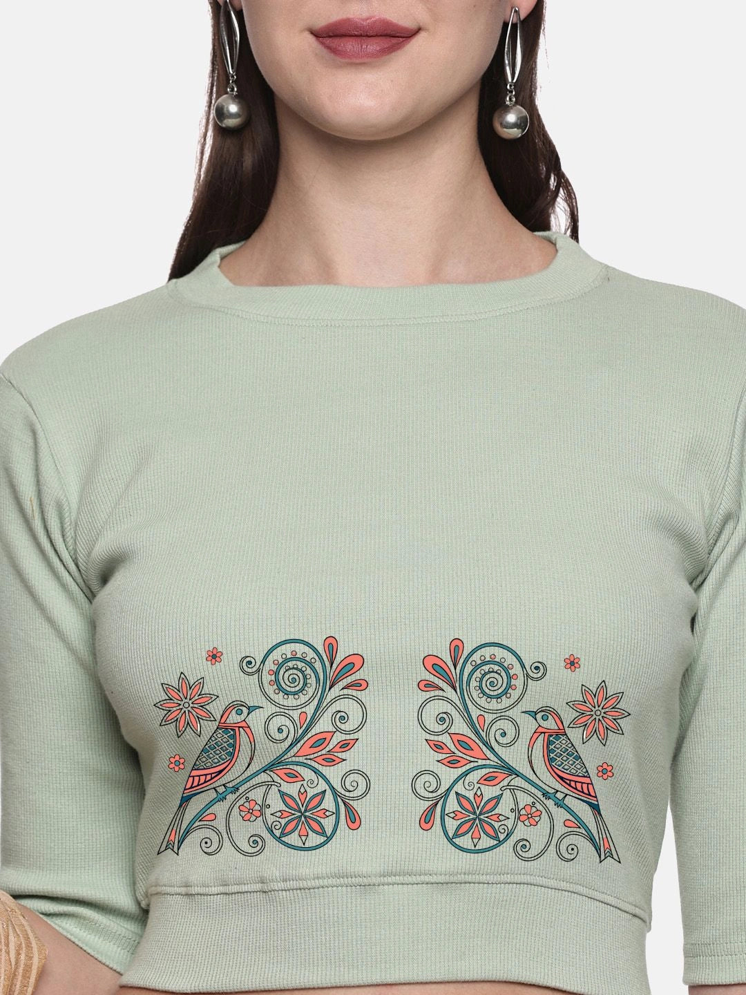 Women Back Printed Stretchable Elbow Sleeve RIB Blouse U0156 - notyetbyus