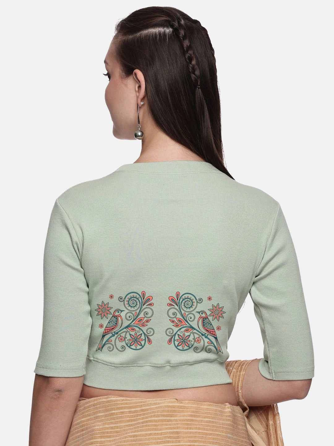 Women Back Printed Stretchable Elbow Sleeve RIB Blouse U0156 - notyetbyus