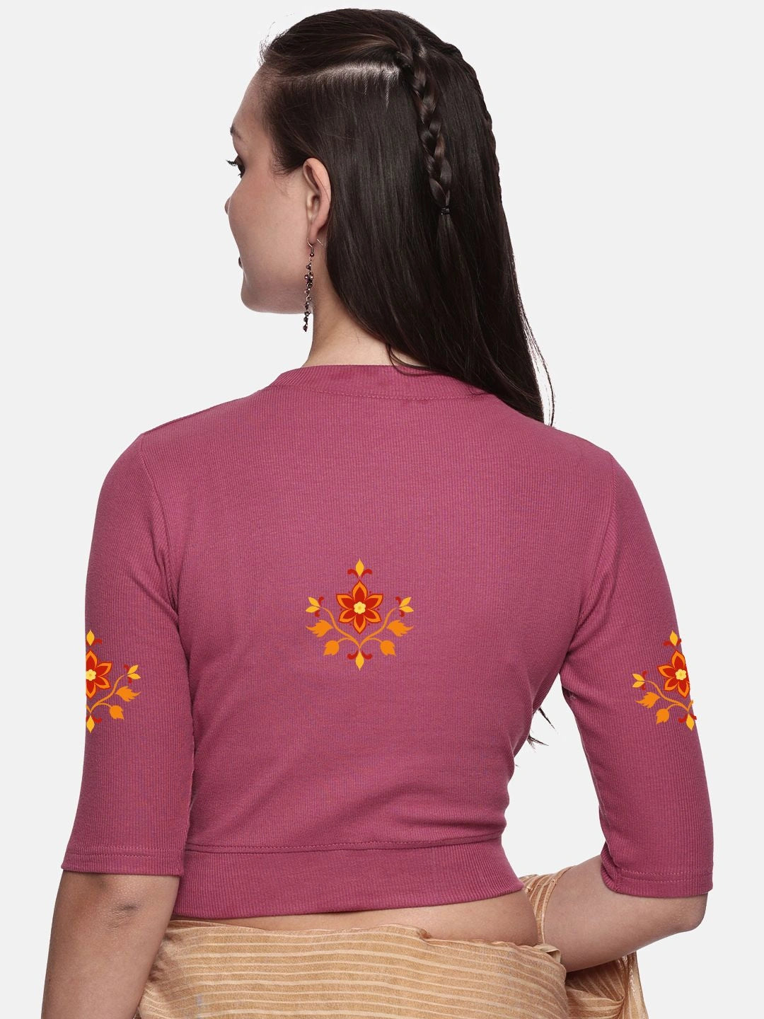 Women Back Printed Stretchable Elbow Sleeve RIB Blouse U0158 - notyetbyus