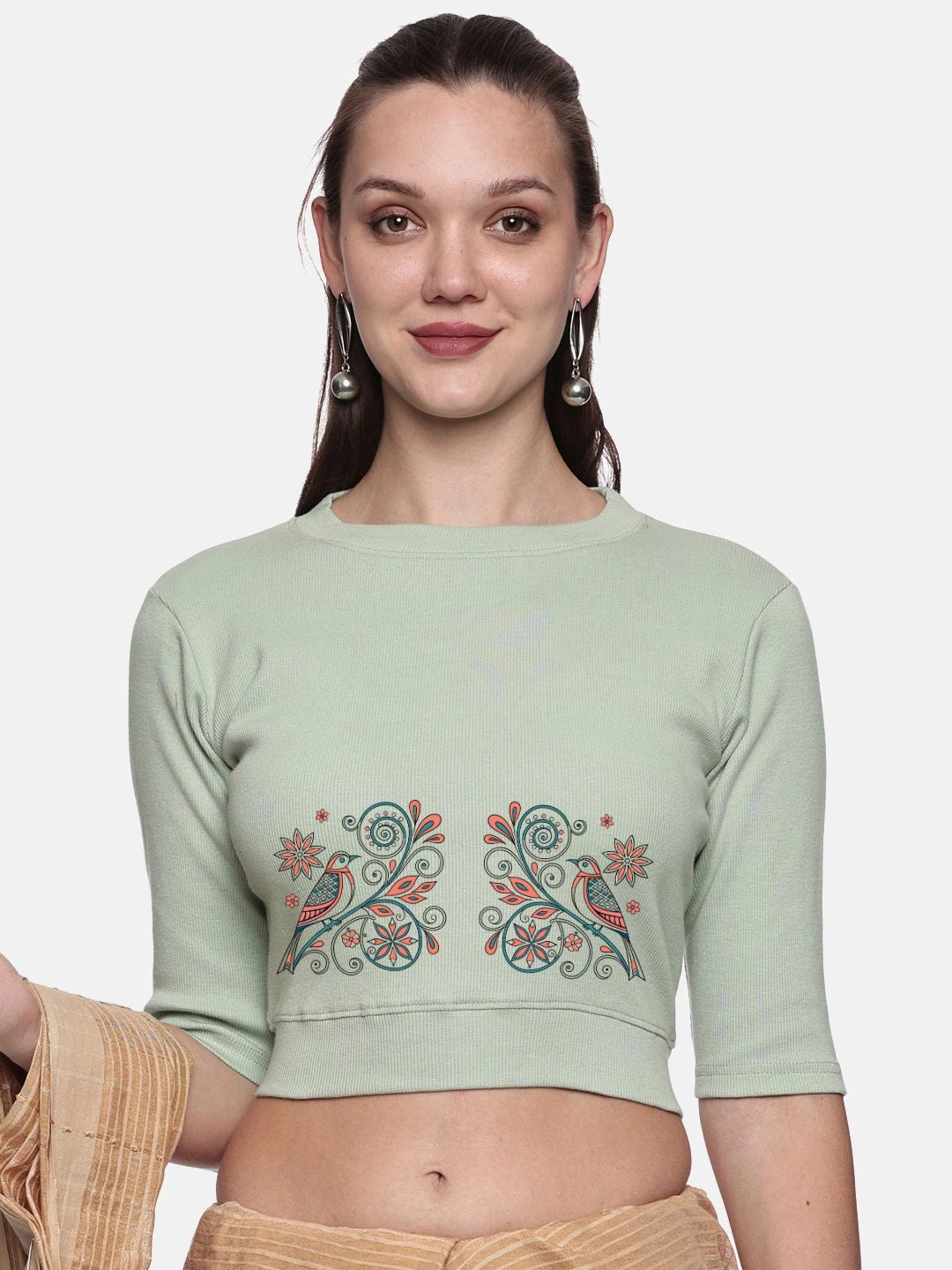 Women Back Printed Stretchable Elbow Sleeve RIB Blouse U0156 - notyetbyus