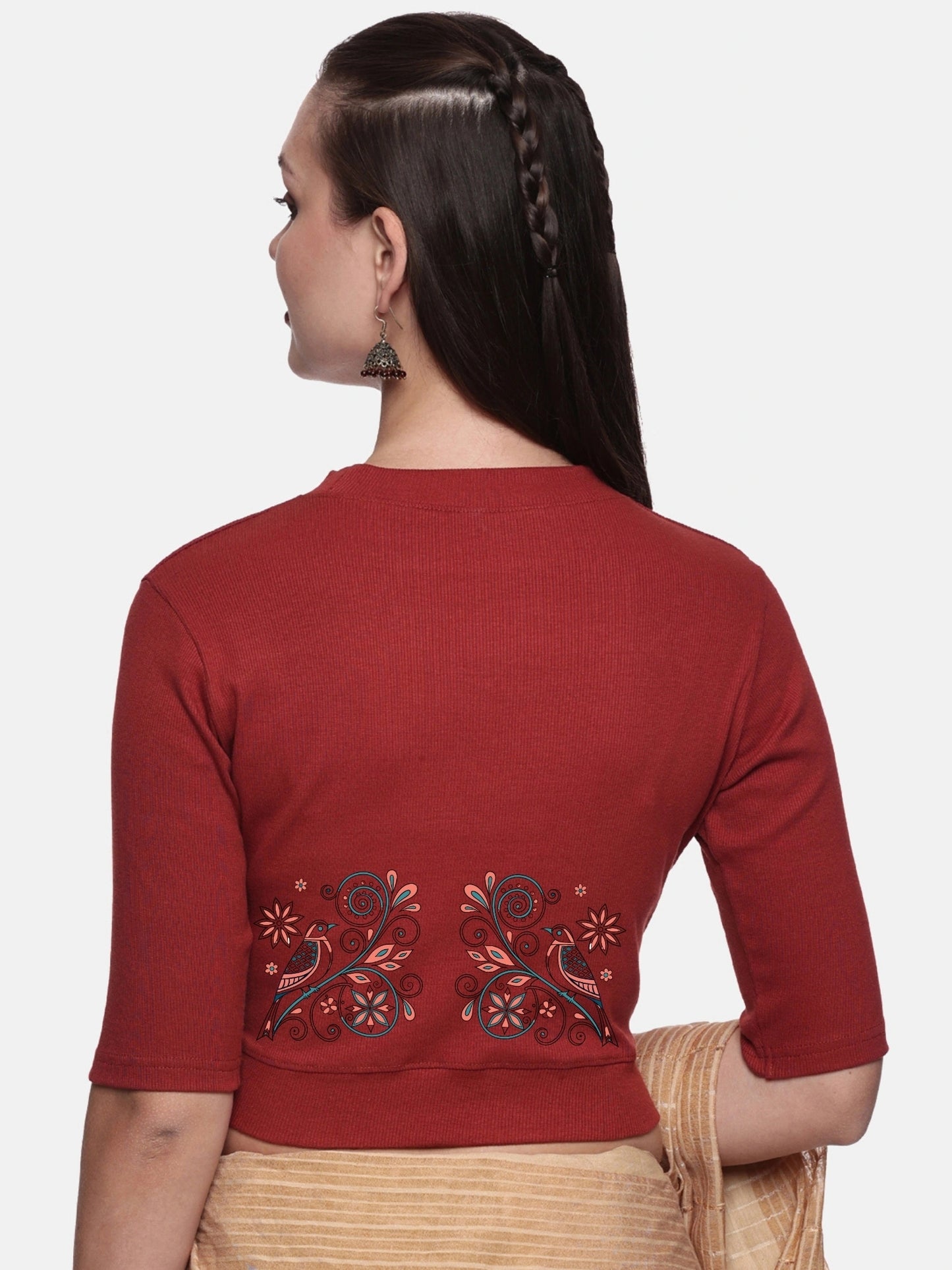 Women Back Printed Stretchable Elbow Sleeve RIB Blouse U0156 Terracotta Red