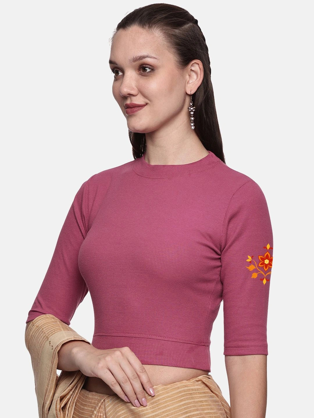 Women Back Printed Stretchable Elbow Sleeve RIB Blouse U0158 - notyetbyus