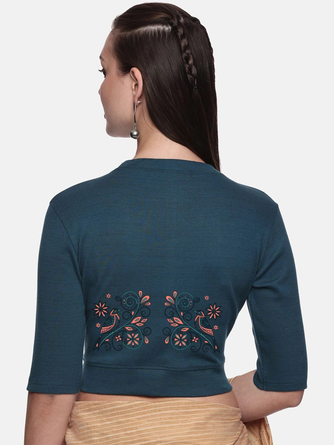 Women Back Printed Stretchable Elbow Sleeve RIB Blouse U0156 - notyetbyus