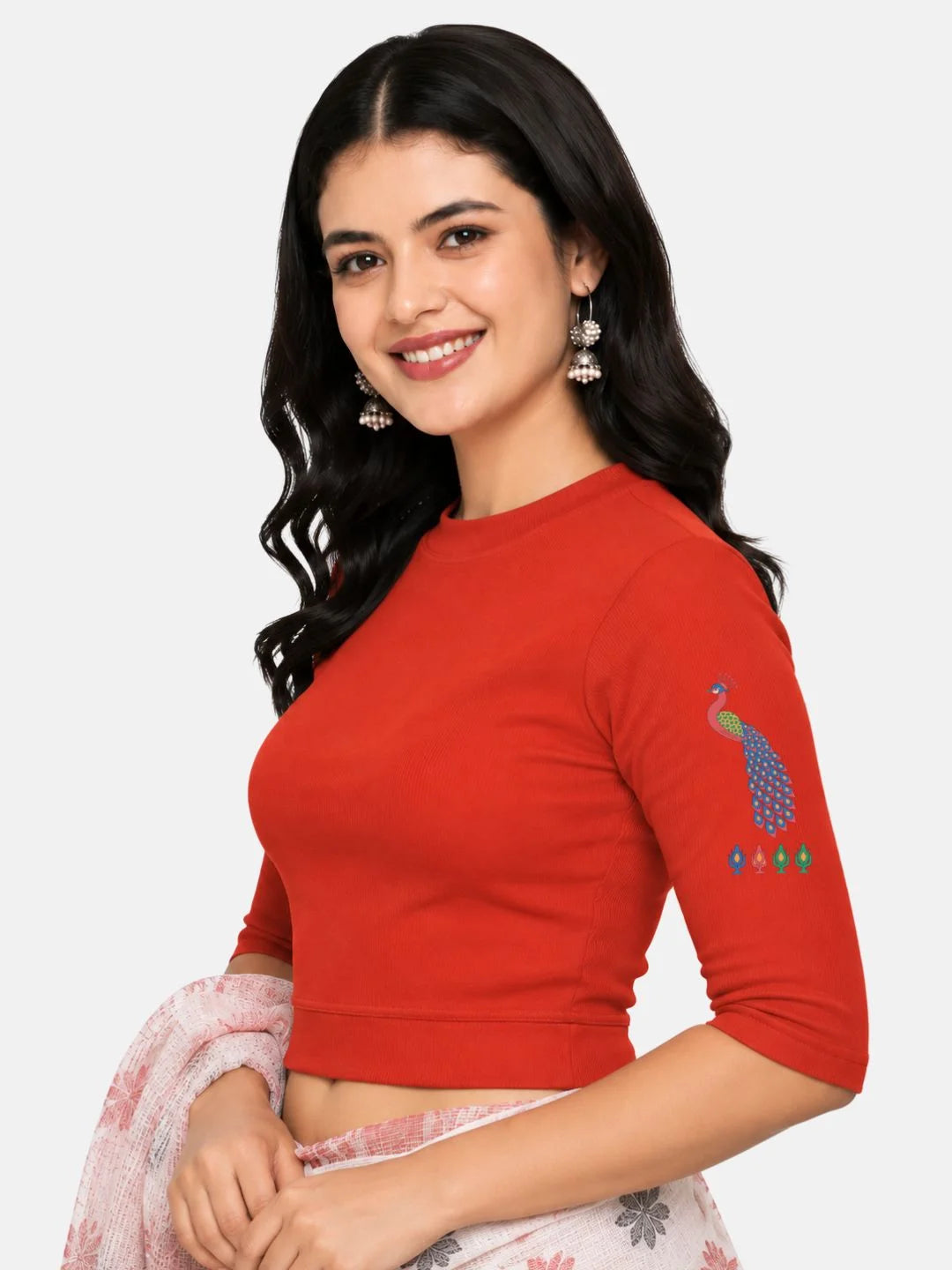 Women Back Printed Stretchable Elbow Sleeve RIB Blouse U0254 Dark Orange
