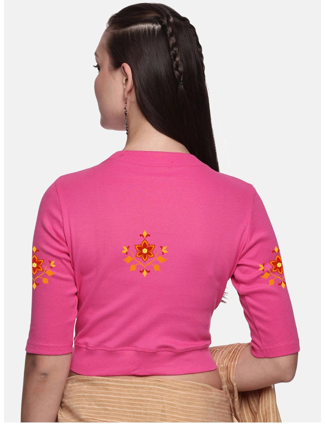 Women Back Printed Stretchable Elbow Sleeve RIB Blouse U0158 - notyetbyus