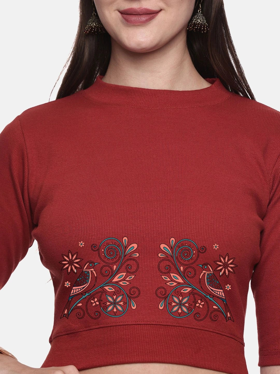 Women Back Printed Stretchable Elbow Sleeve RIB Blouse U0156 - notyetbyus
