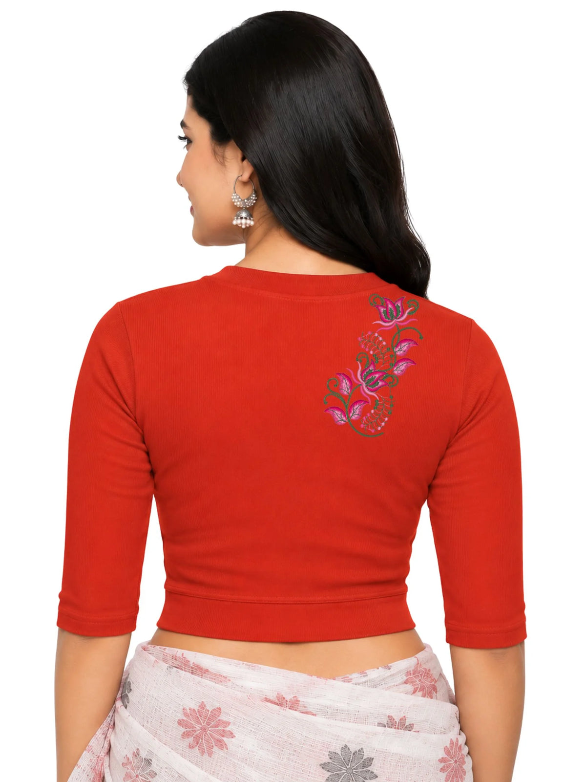 Women Back Printed Stretchable Elbow Sleeve RIB Blouse U0117 Dark Orange