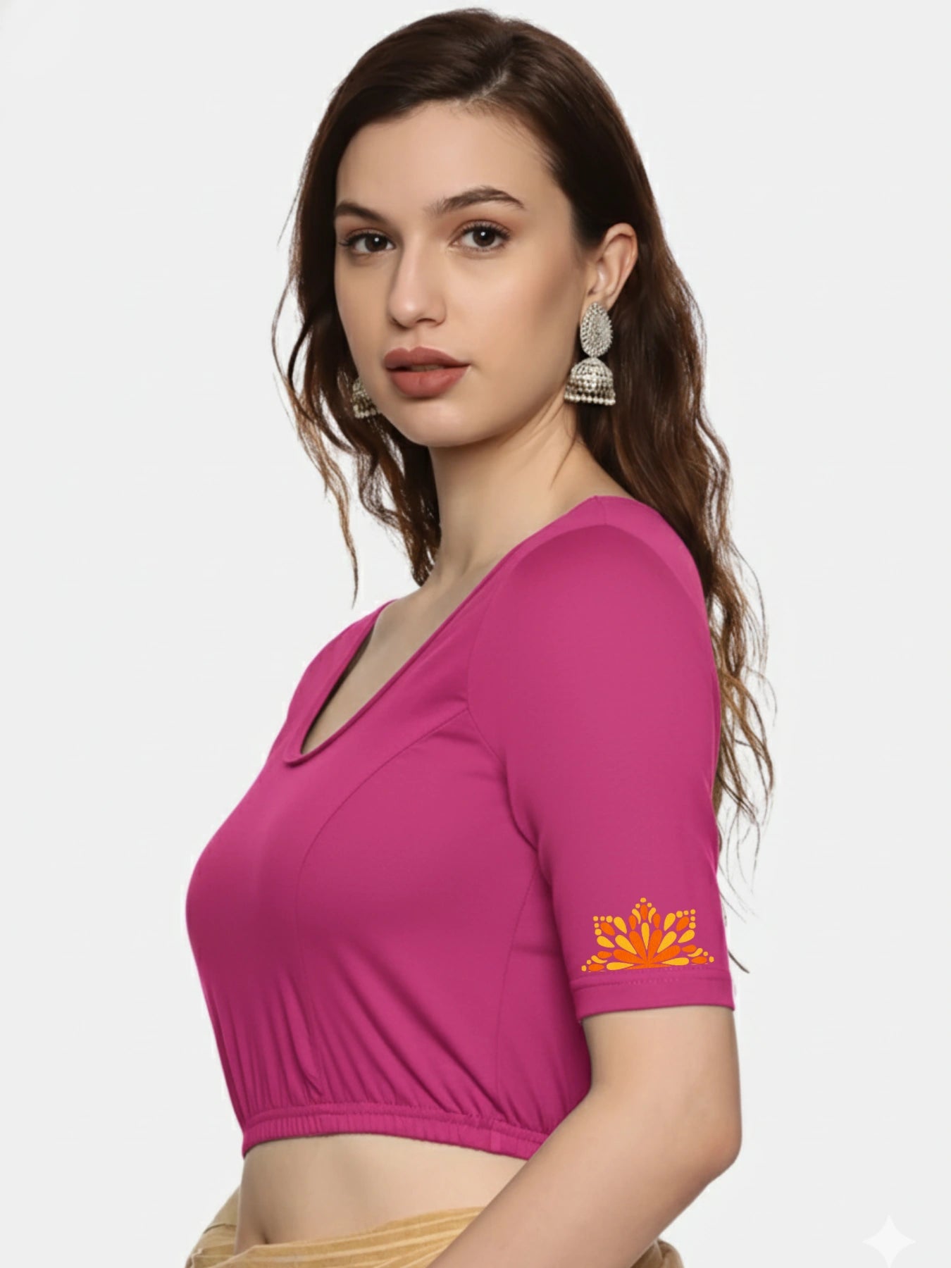 Women Back Printed Stretchable Half Sleeve Blouse U0175 Rani Pink