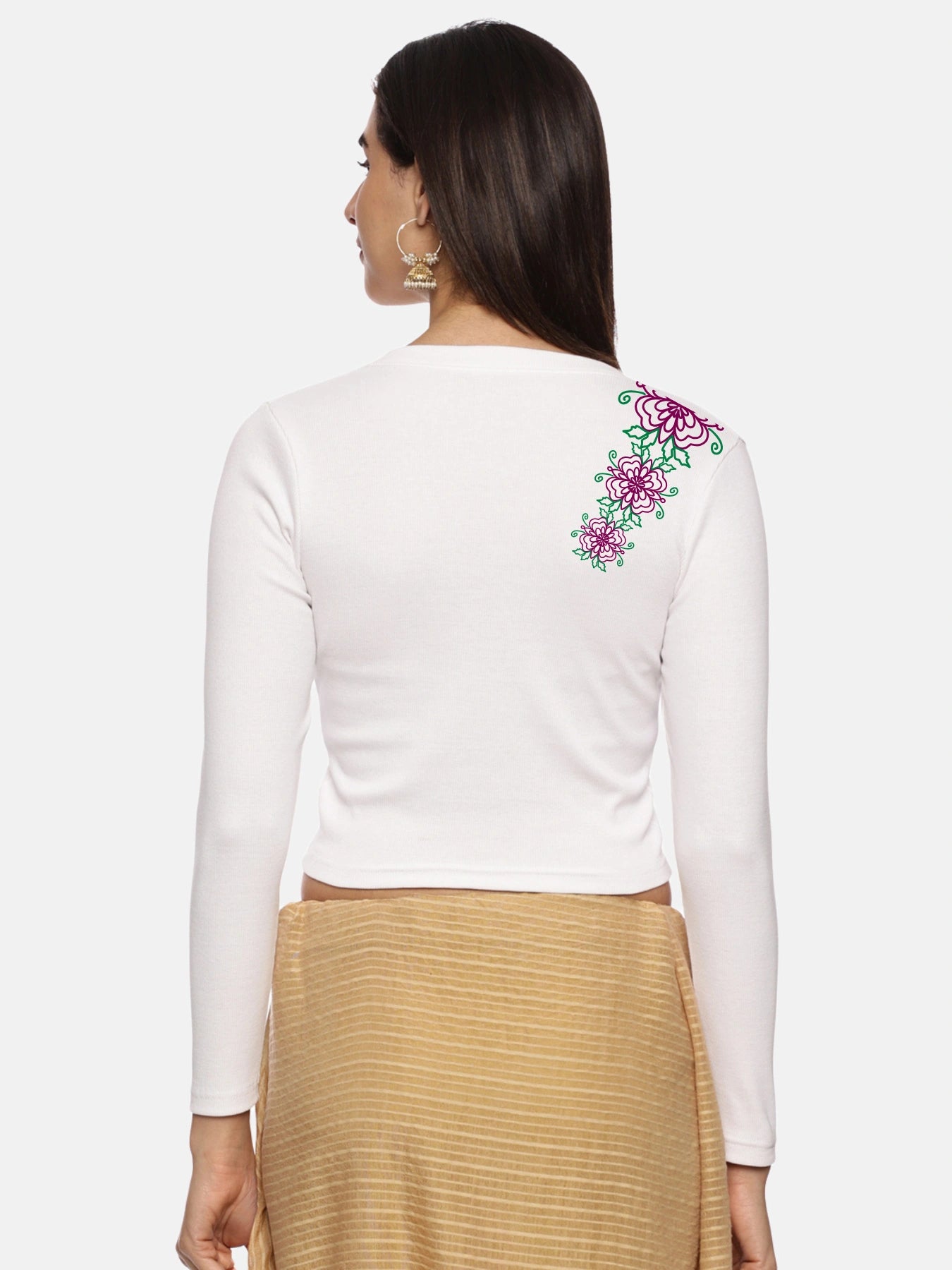 Women Back Printed Stretchable Full Sleeve V Neck RIB Blouse U0212 White