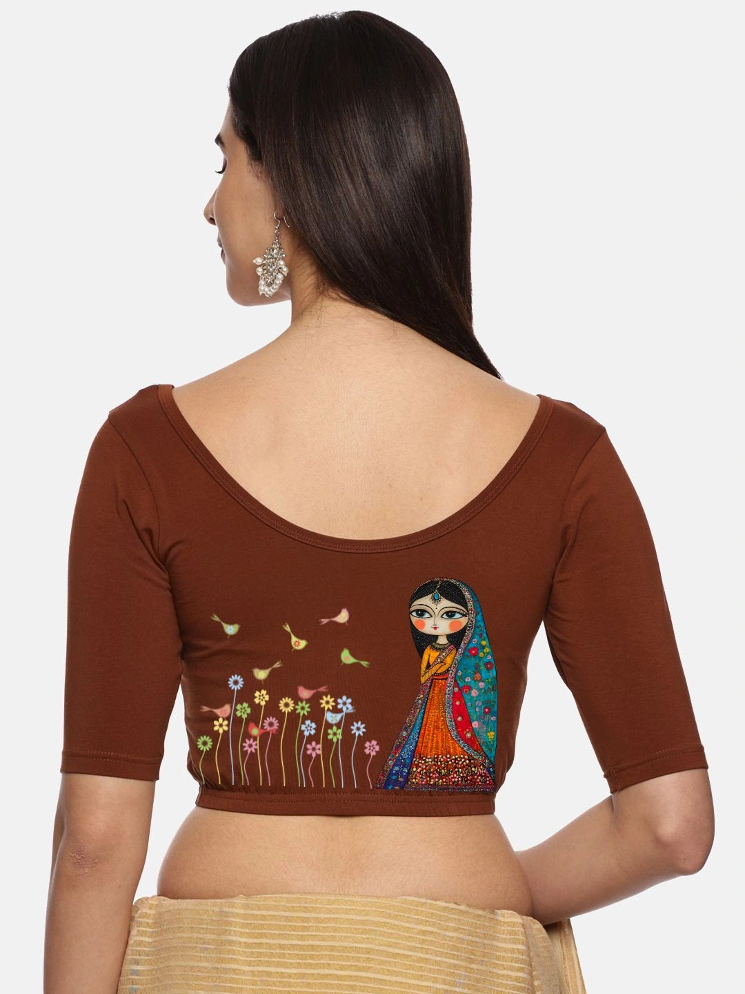 Women Back Printed Stretchable Half Sleeve Blouse U0223 Honey Brown
