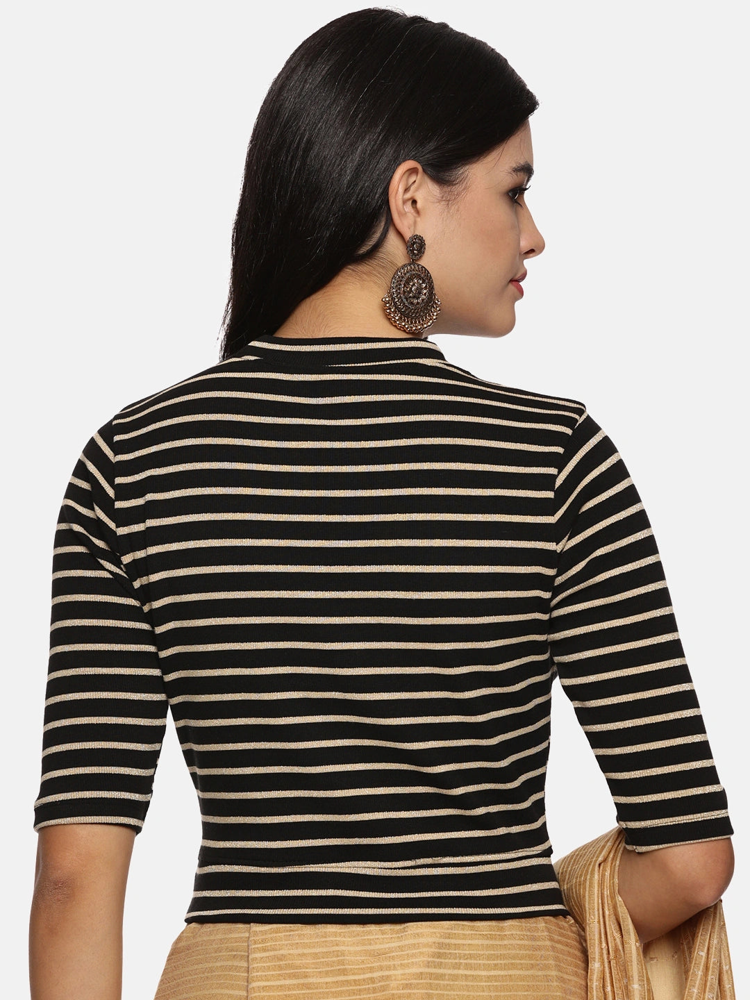 Women Yarn Dyed Stretchable Elbow Sleeve RIB Blouse U0154 - notyetbyus
