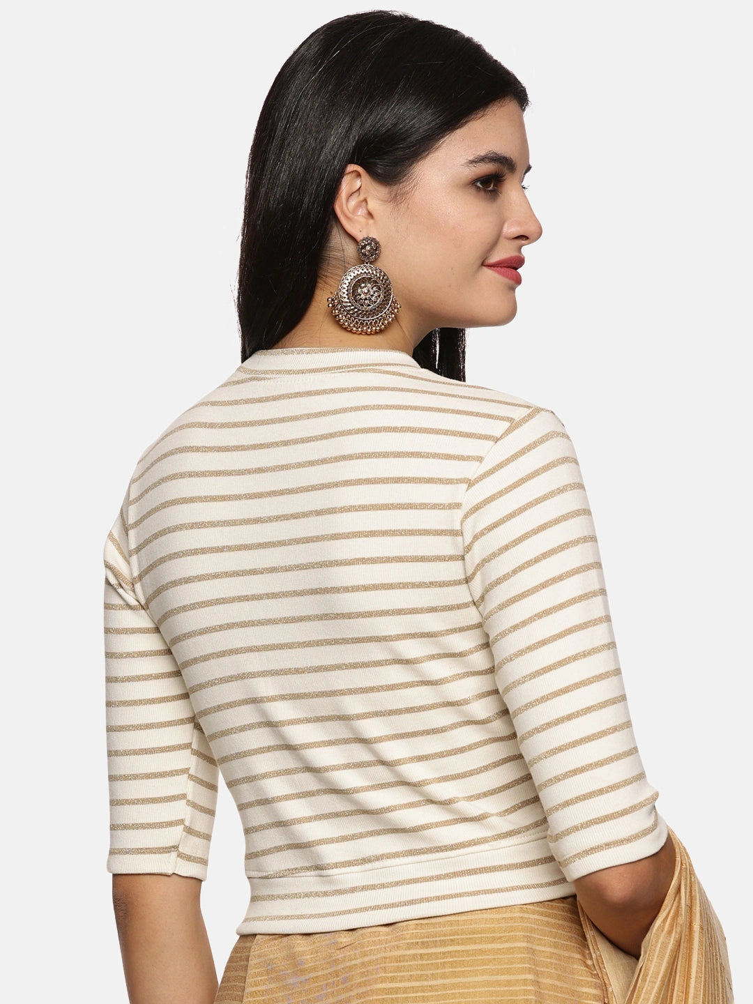 Women Yarn Dyed Stretchable Elbow Sleeve RIB Blouse U0154 - notyetbyus