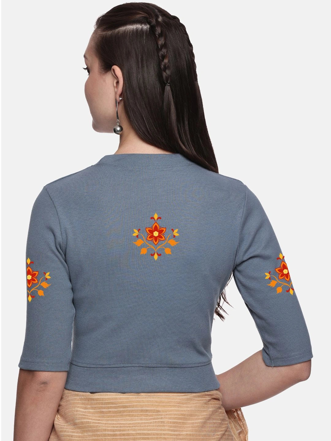 Women Back Printed Stretchable Elbow Sleeve RIB Blouse U0158 - notyetbyus