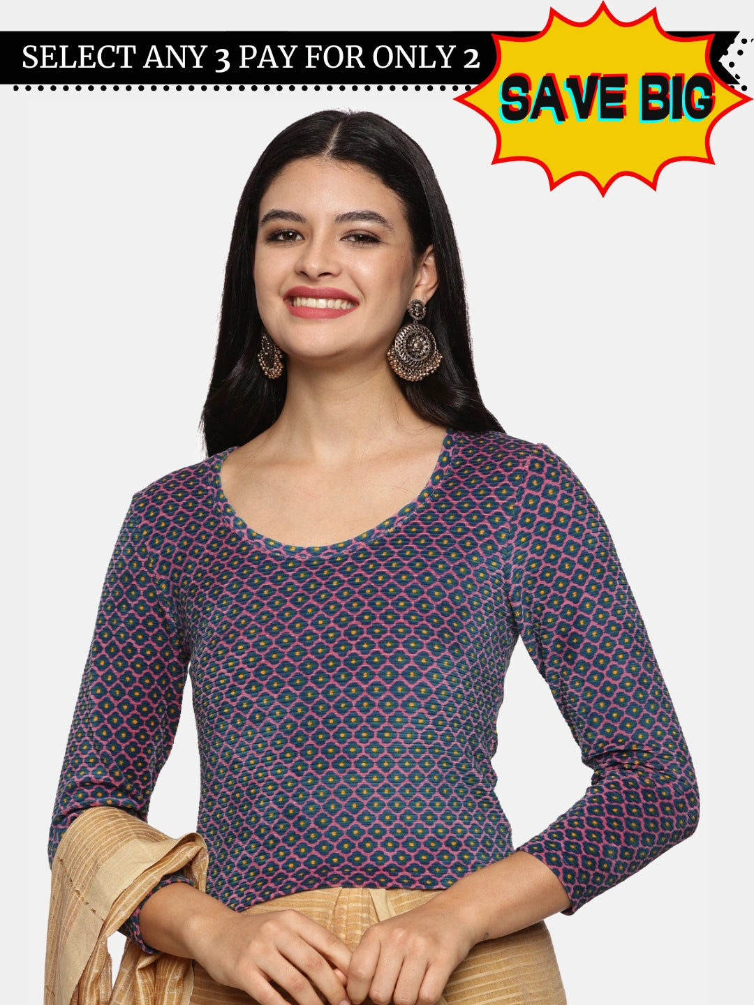 Women Allover Printed Three Fourth Sleeve Velvet Stretchable Blouse UA014 - notyetbyus