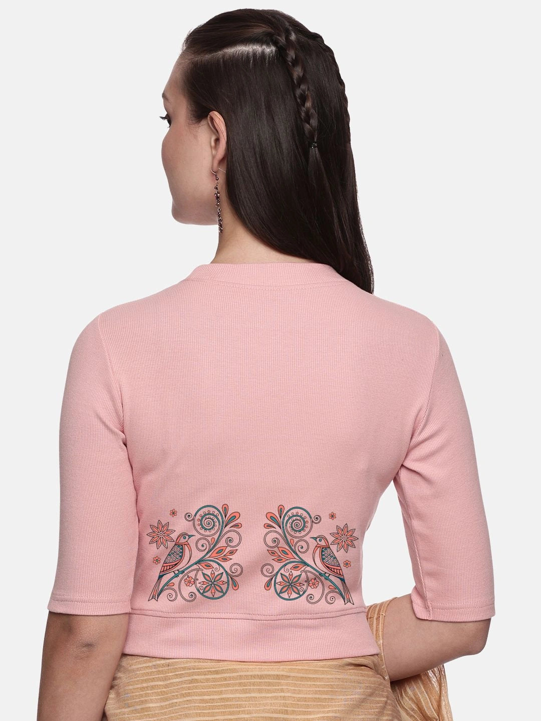 Women Back Printed Stretchable Elbow Sleeve RIB Blouse U0156 - notyetbyus