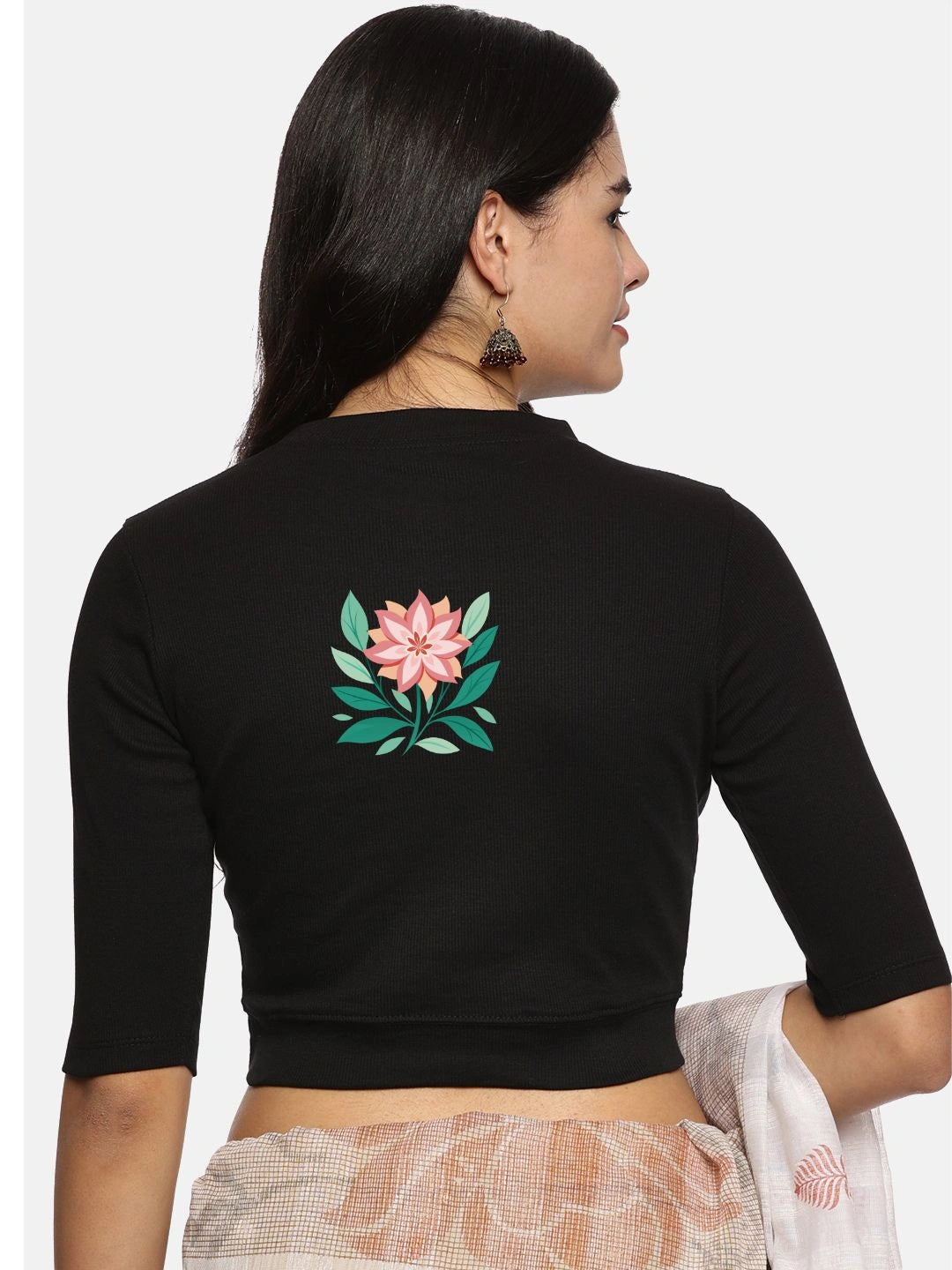 Women Back Printed Stretchable Elbow Sleeve RIB Blouse U0155 - notyetbyus