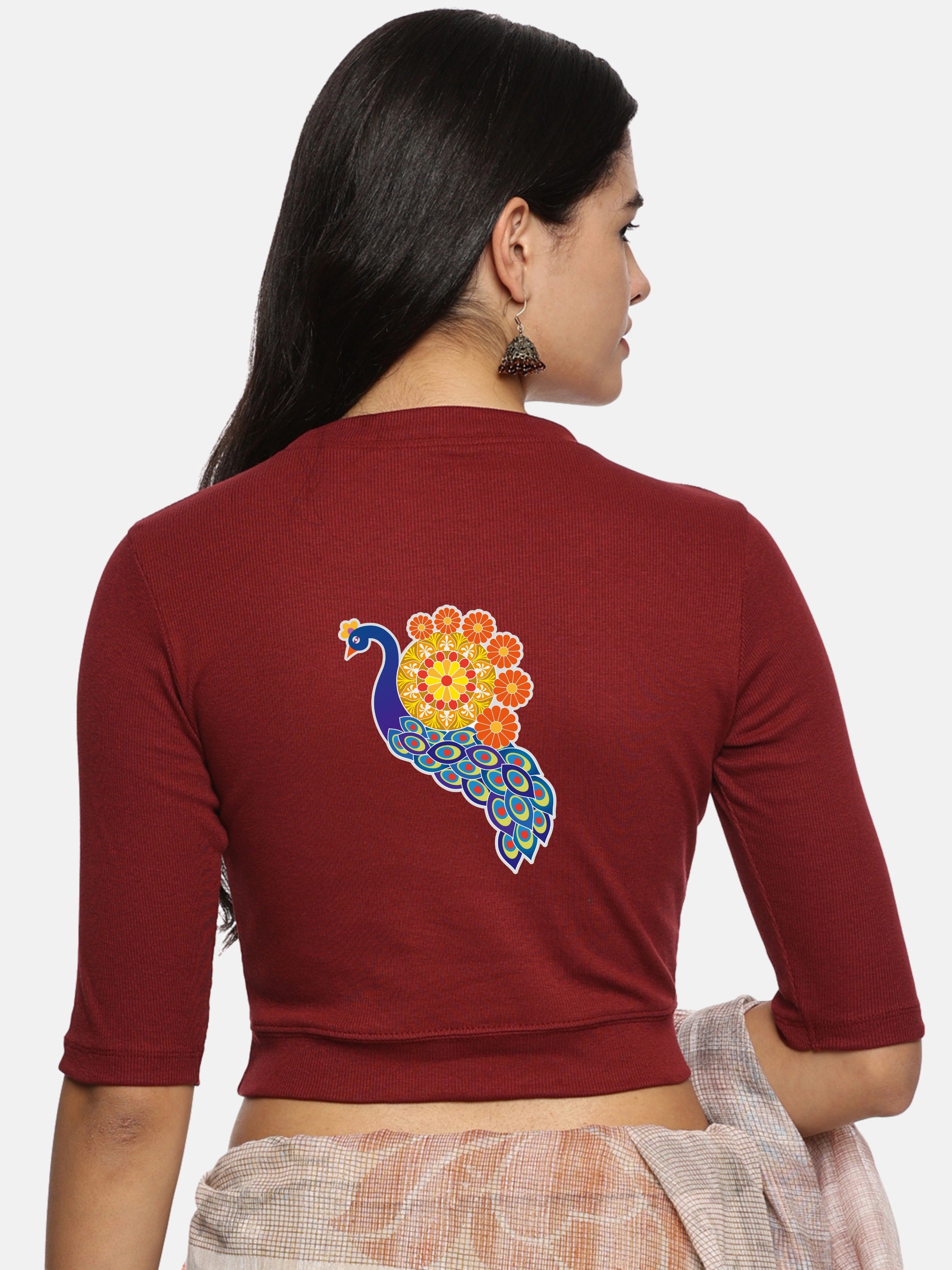 Women Back Printed Stretchable Elbow Sleeve RIB Blouse U0146 - notyetbyus