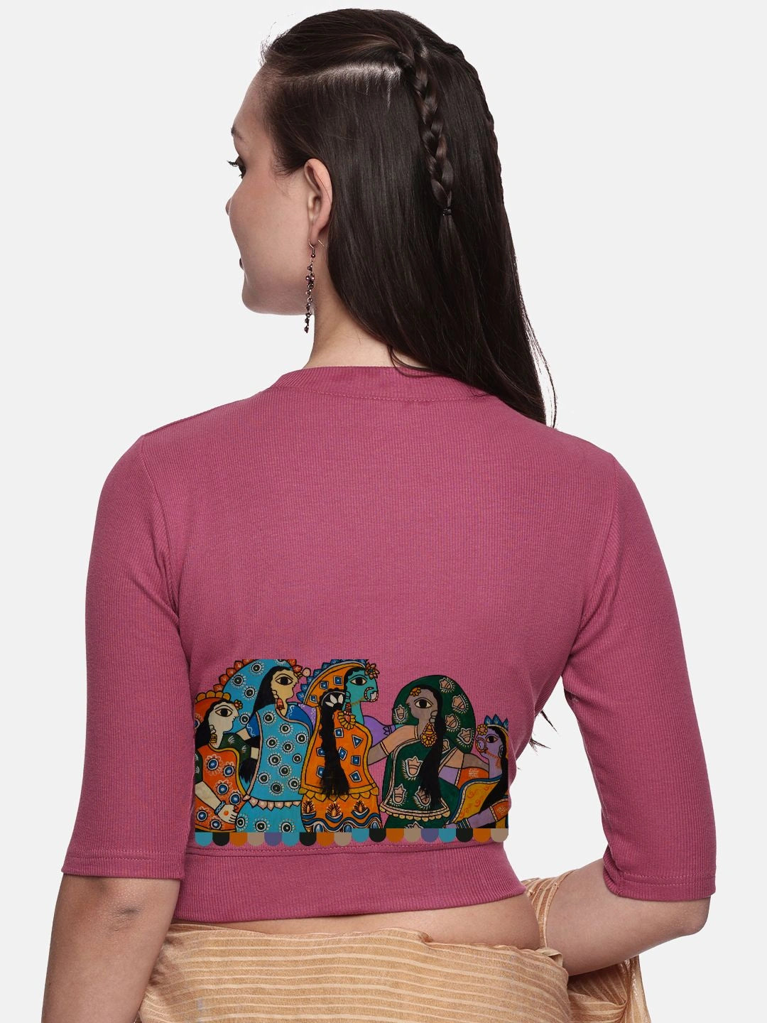 Women Back Printed Stretchable Elbow Sleeve RIB Blouse U0160 - notyetbyus