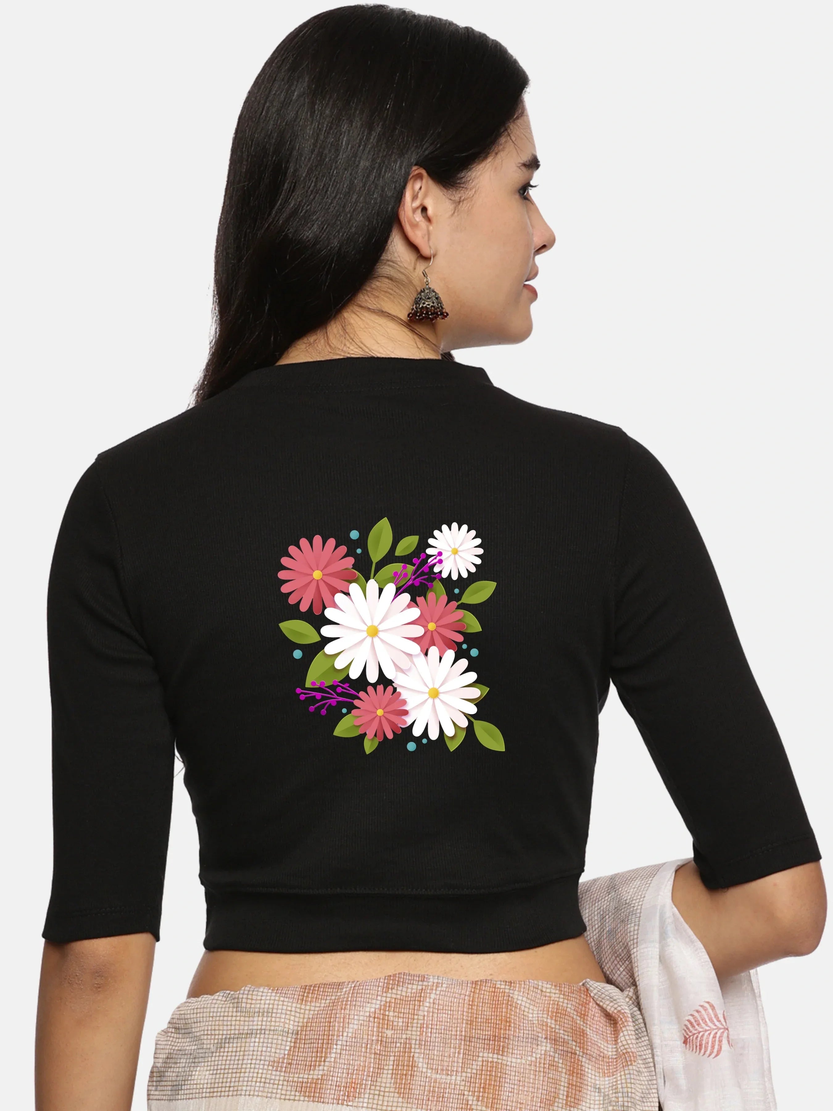 Women Back Printed Stretchable Elbow Sleeve RIB Blouse U0145