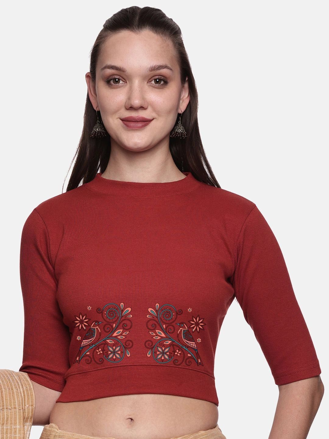 Women Back Printed Stretchable Elbow Sleeve RIB Blouse U0156 - notyetbyus