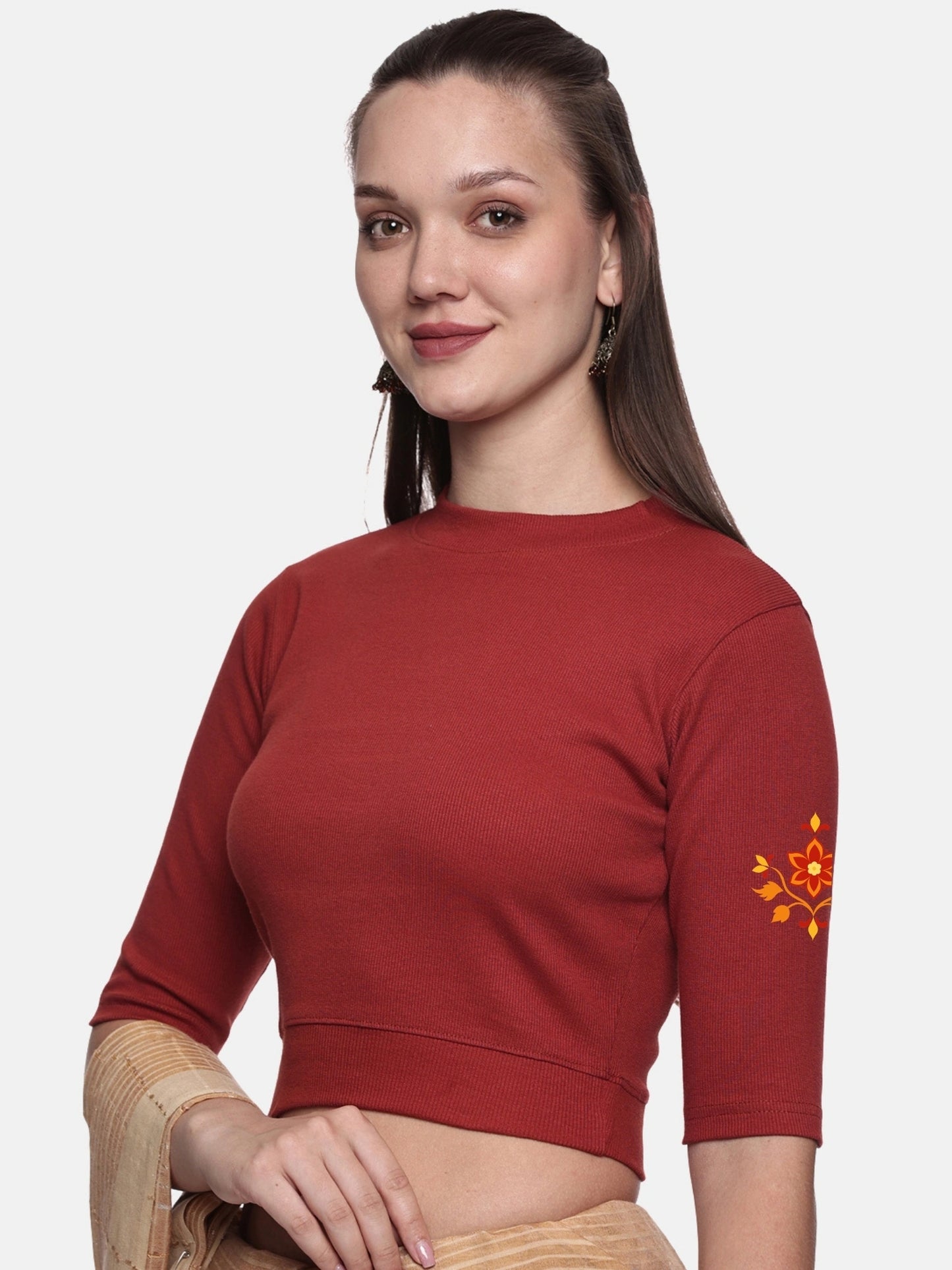 Women Back Printed Stretchable Elbow Sleeve RIB Blouse U0158 Terracotta Red
