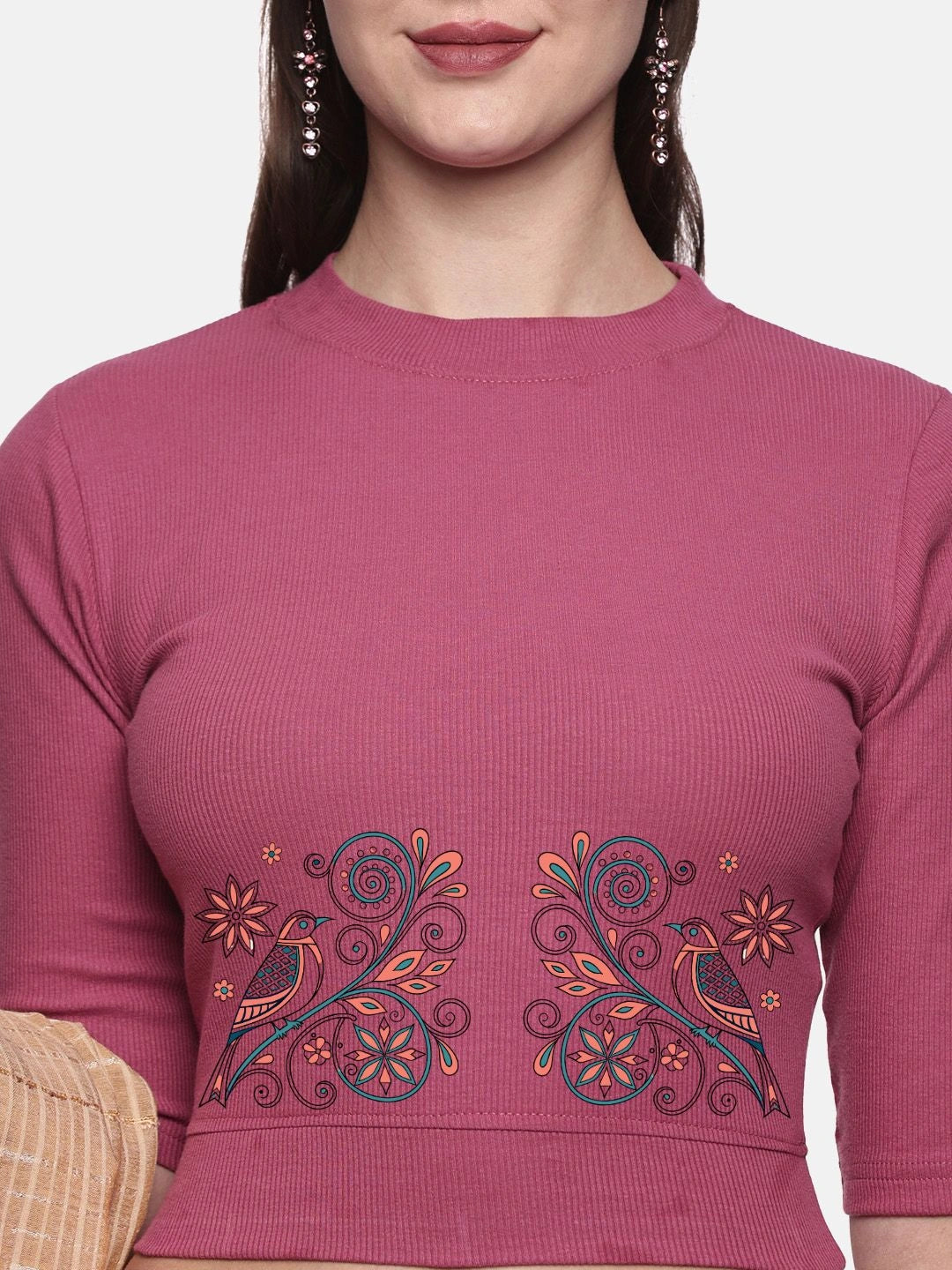 Women Back Printed Stretchable Elbow Sleeve RIB Blouse U0156 - notyetbyus
