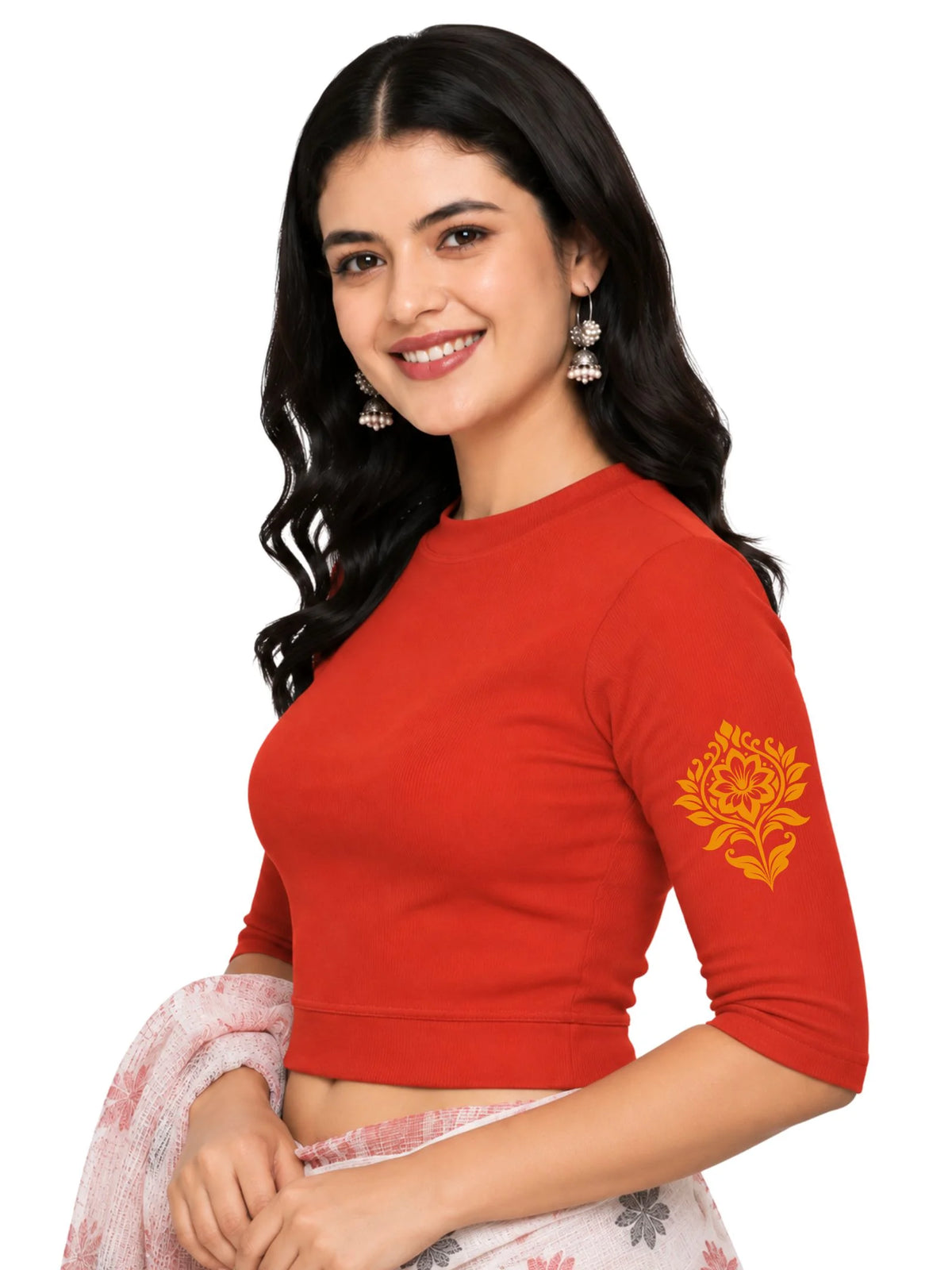 Women Back Printed Stretchable Elbow Sleeve RIB Blouse U0116 Dark Orange