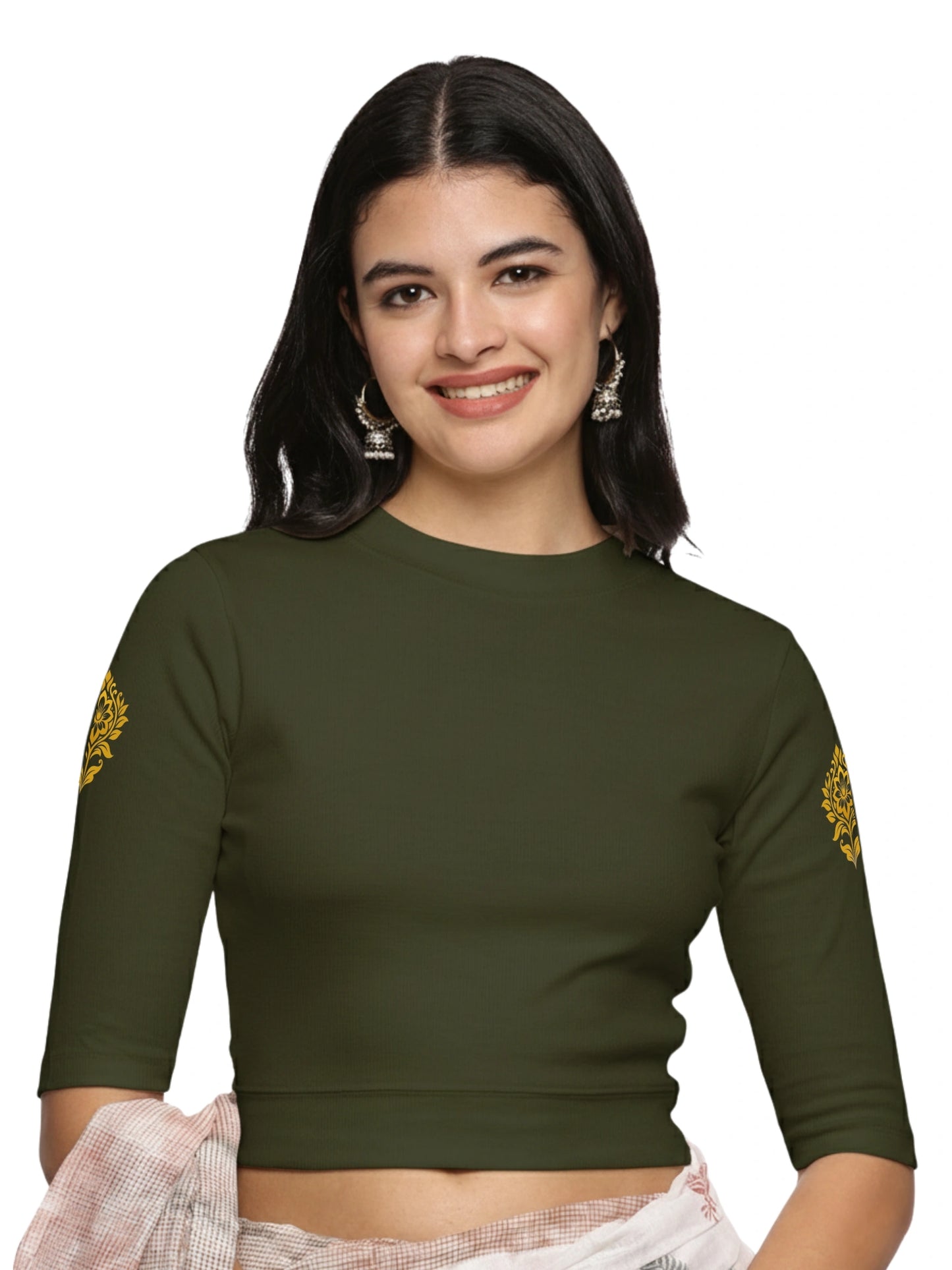 Women Back Printed Stretchable Elbow Sleeve RIB Blouse U0116 Olive Green