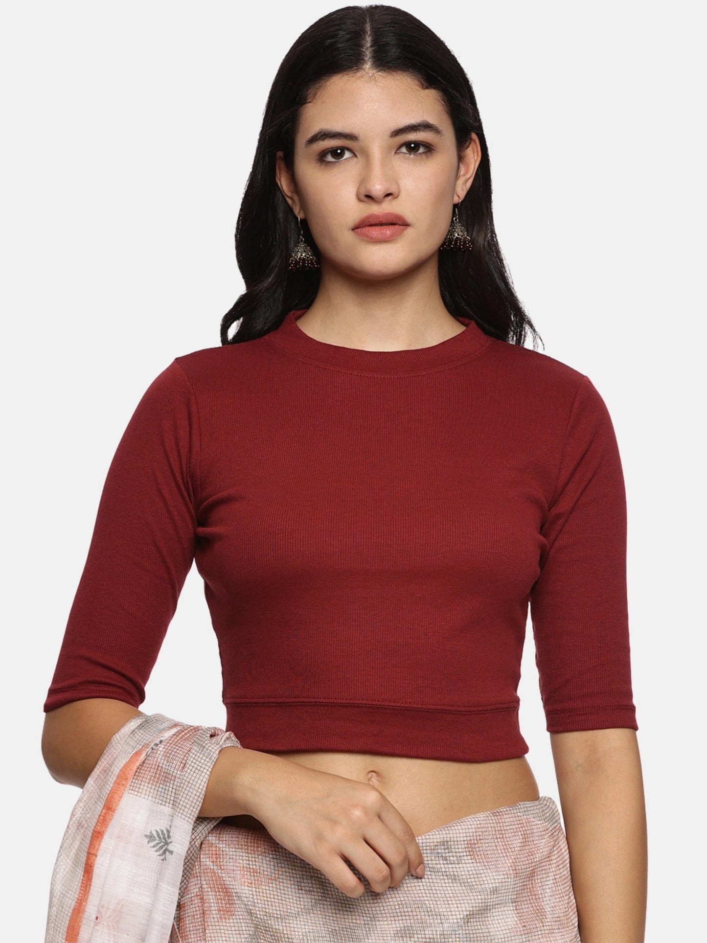 Women Back Printed Stretchable Elbow Sleeve RIB Blouse U0118 Maroon