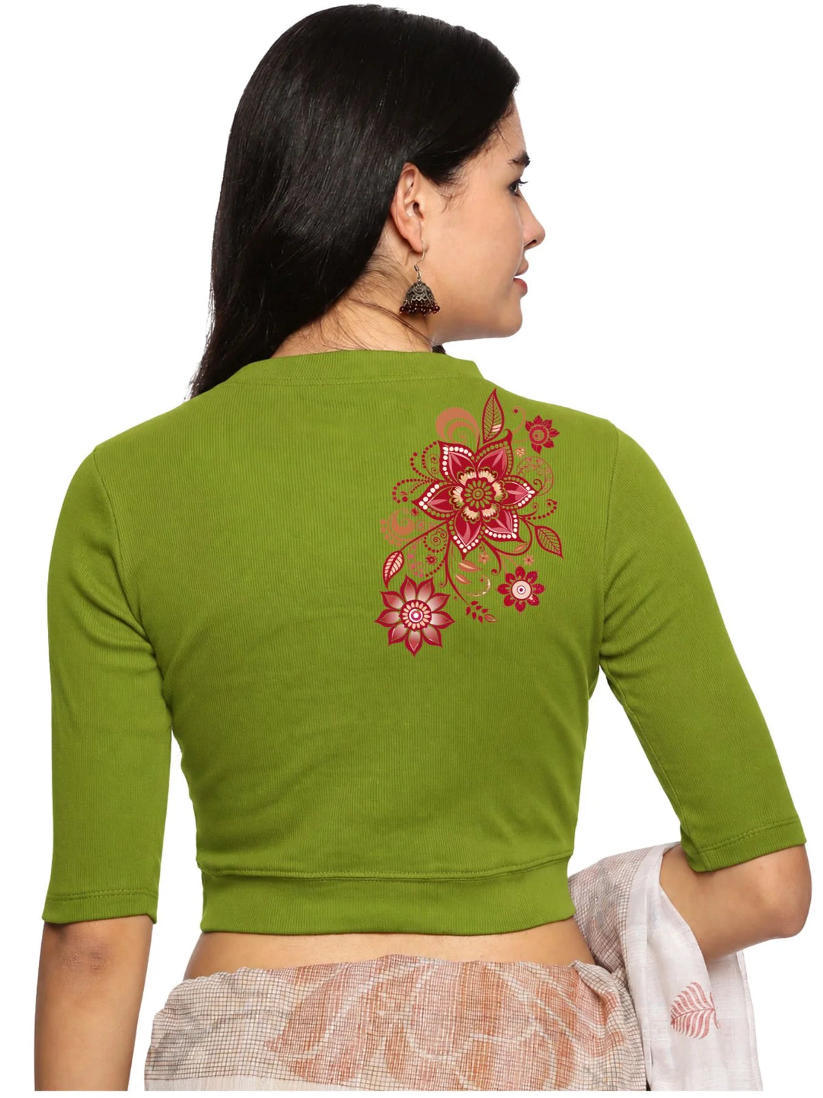 Women Back Printed Stretchable Elbow Sleeve RIB Blouse U0122 Dark Parrot Green