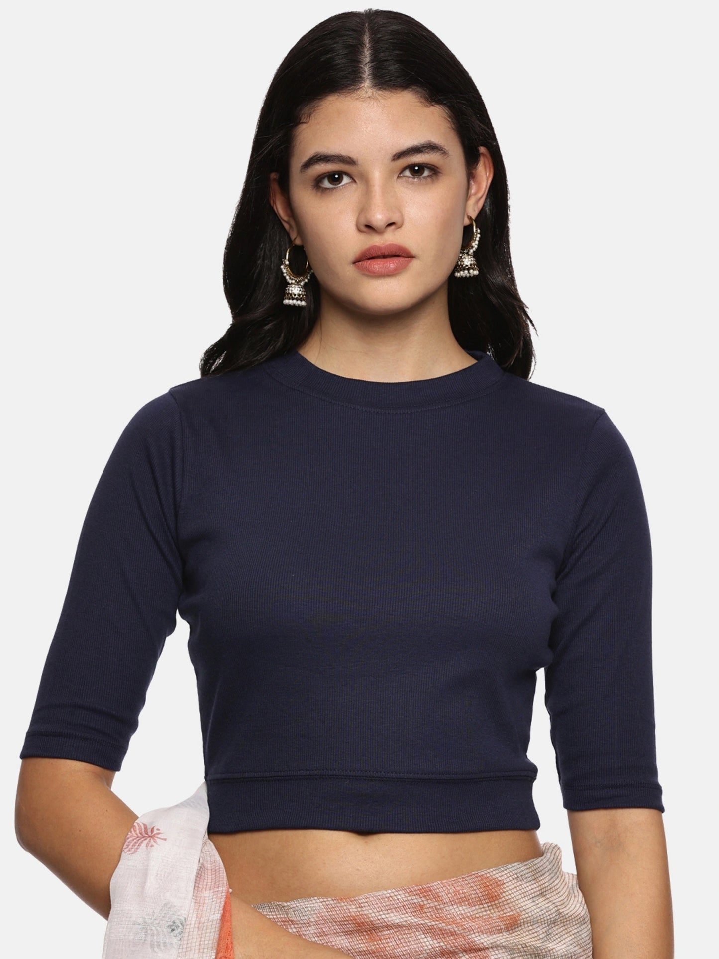Women Back Printed Stretchable Elbow Sleeve RIB Blouse U0119 Navy