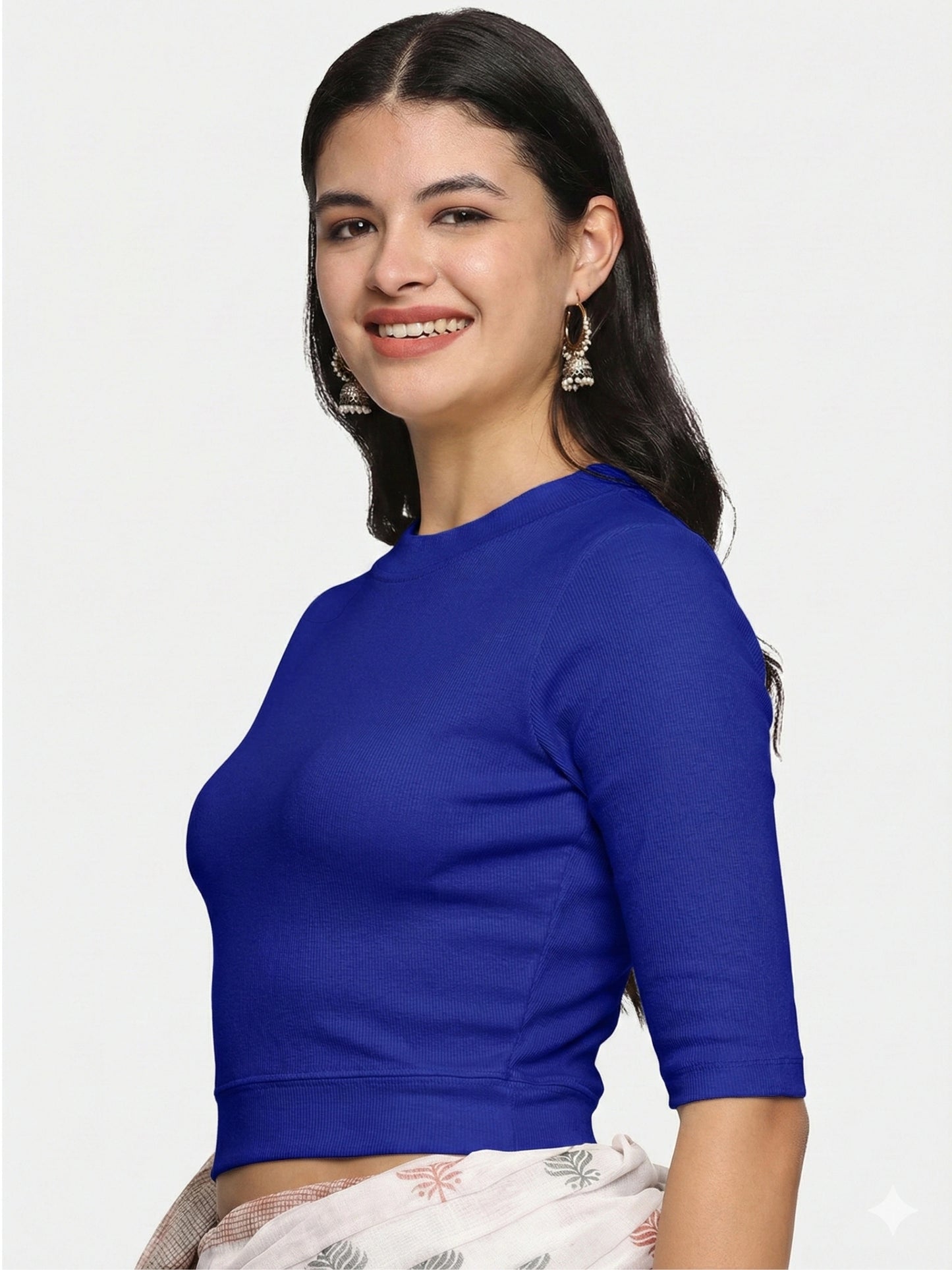 Women Back Printed Stretchable Elbow Sleeve RIB Blouse U0221 Royal Blue