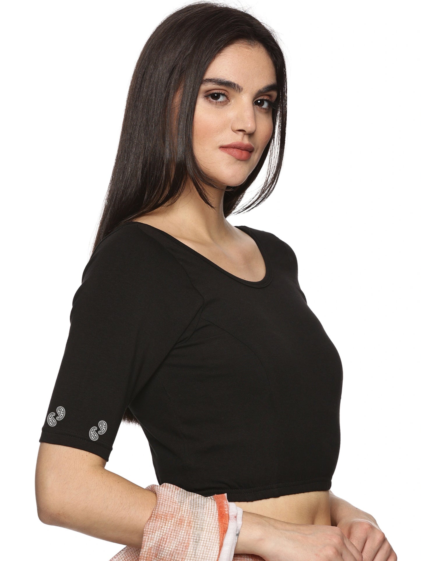 Women Back Printed Stretchable Half Sleeve Blouse U089 Black