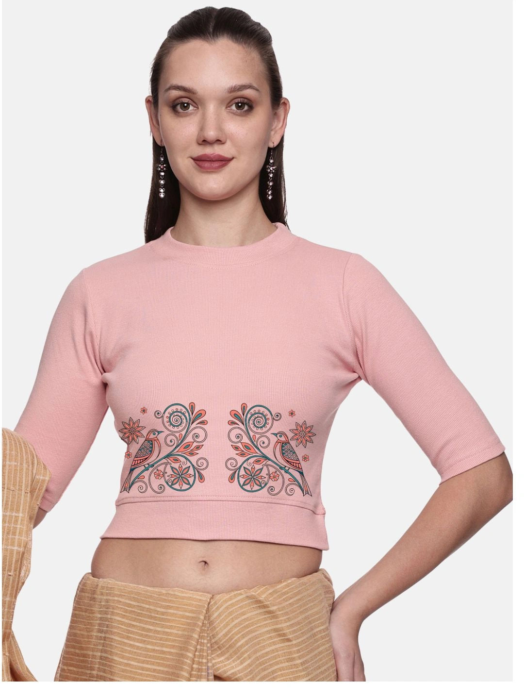 Women Back Printed Stretchable Elbow Sleeve RIB Blouse U0156 - notyetbyus