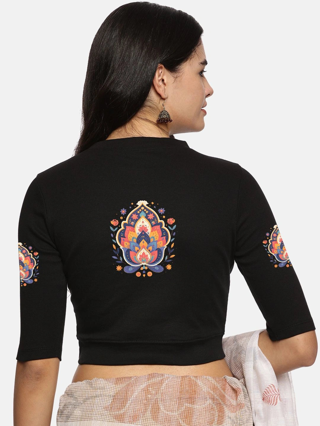 Women Back Printed Stretchable Elbow Sleeve RIB Blouse U0157 - notyetbyus