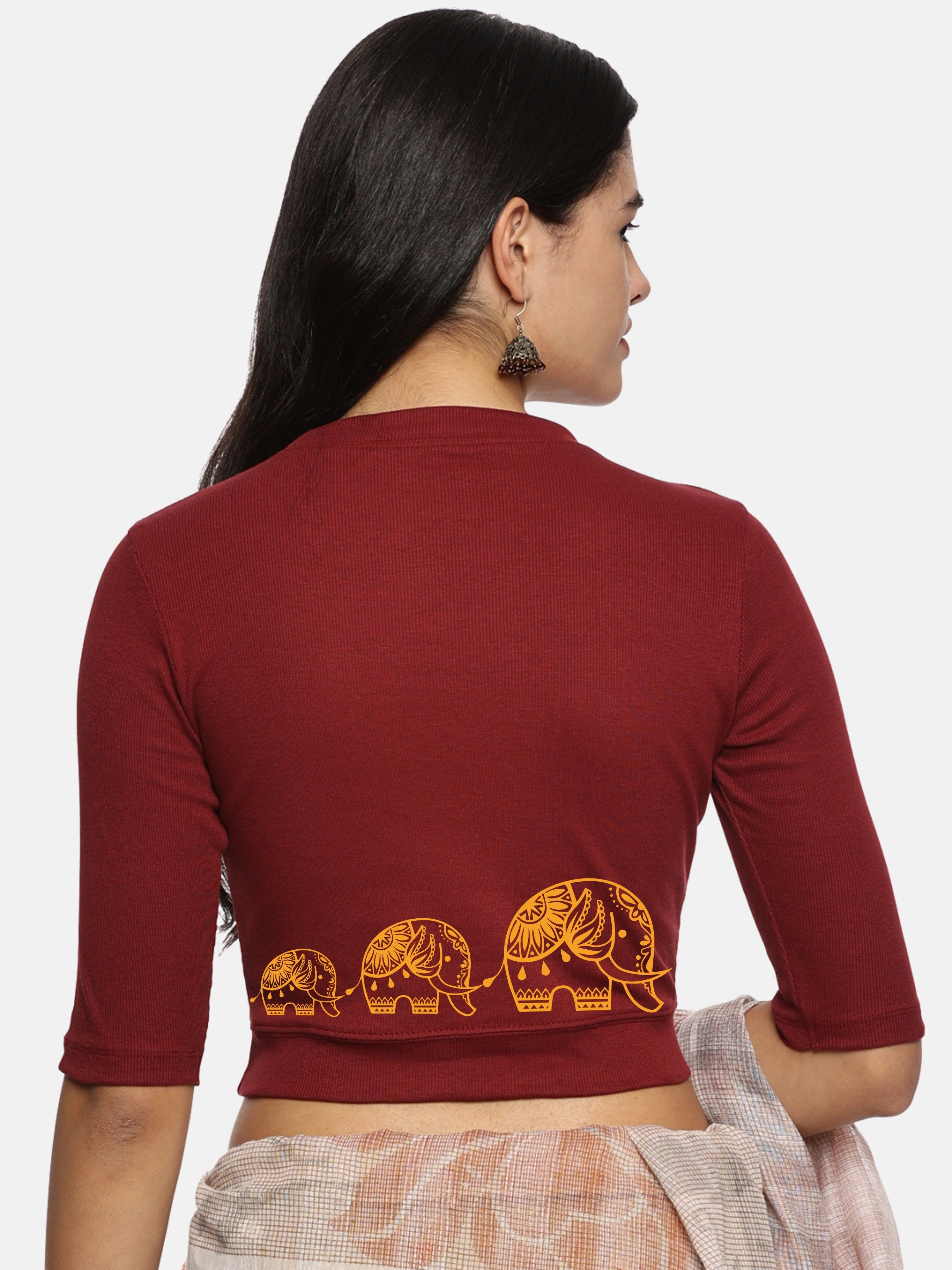 Women Back Printed Stretchable Elbow Sleeve RIB Blouse U0148 - notyetbyus