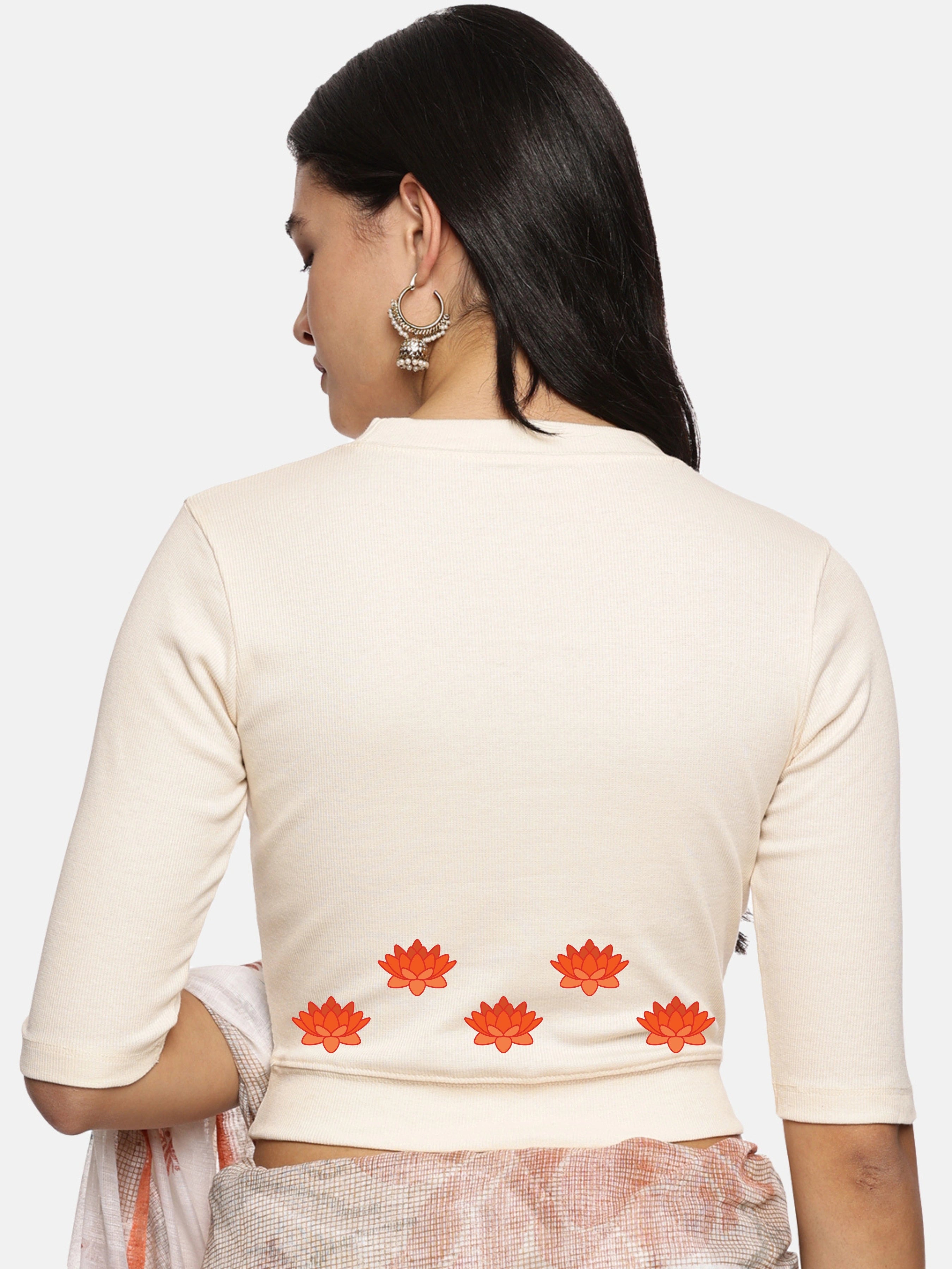 Women Back Printed Stretchable Elbow Sleeve RIB Blouse U0147 - notyetbyus